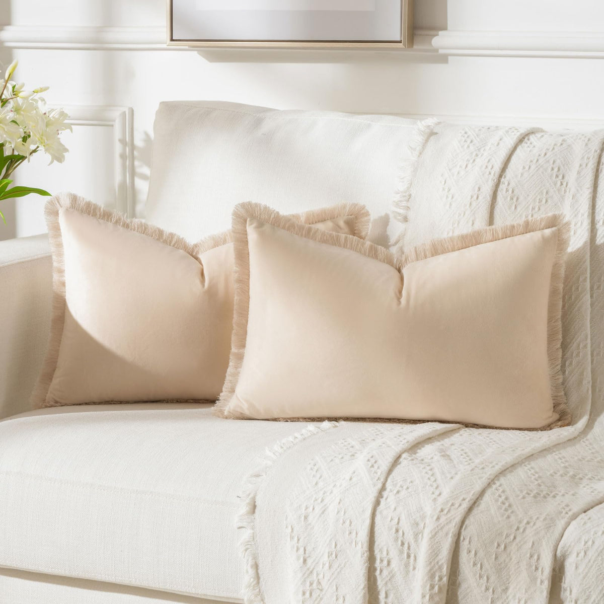 FUTEI Beige Boho Throw Pillow Covers with Tassels 12x20 Inch Set of 2,Soft Velvet Lumbar Pillow Cases,Home Decor for Couch Livin