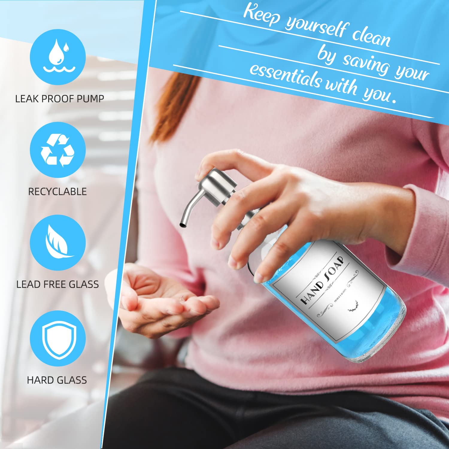 Arktek 2 Pack Glass Soap Dispenser - Clear Dish Soap Dispenser For Kitchen, Refillable Liquid Hand Soap Dispenser With Rust Proo