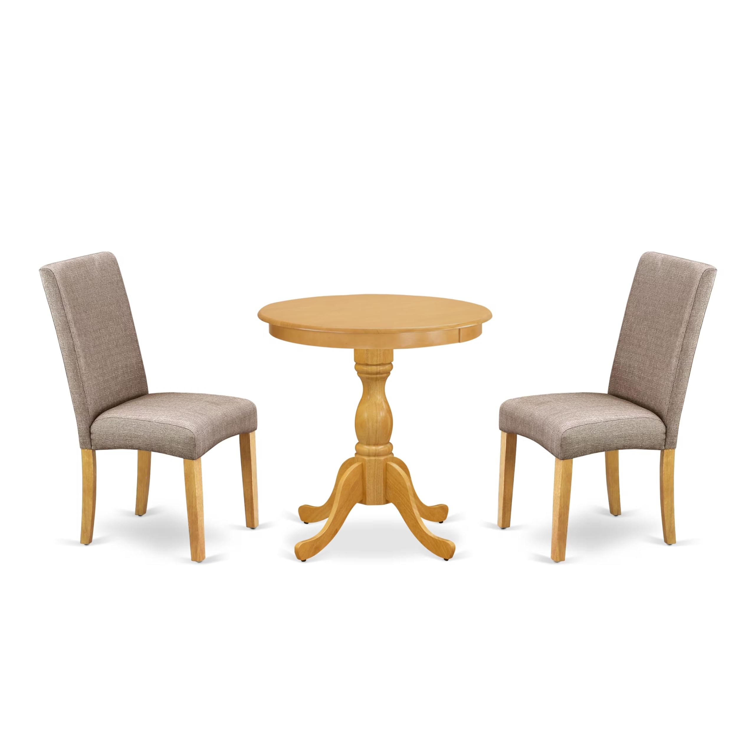 East West Furniture Esdr3-Oak-16 3 Piece Kitchen Table Set Contains A Round Dining Room Table With Pedestal And 2 Dark Khaki Linen Fabric Upholstered Chairs, 30X30 Inch, Oak