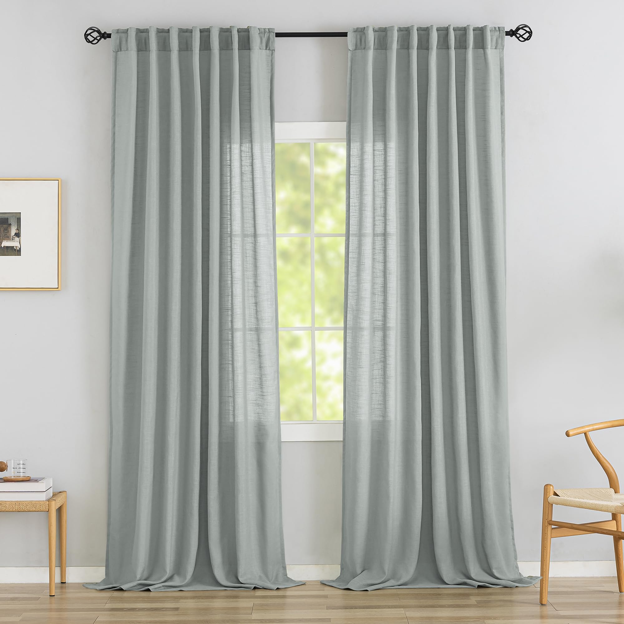 Linen 144 Inch Length Curtains For Tall Floor Ceiling Villa Living Room - Light Grey Bak Tab Hooks Pleated Easy Open Sliding Semi Sheer 144 Inch Extra Long 2 Story Window Curtains,12 Foot Curtains