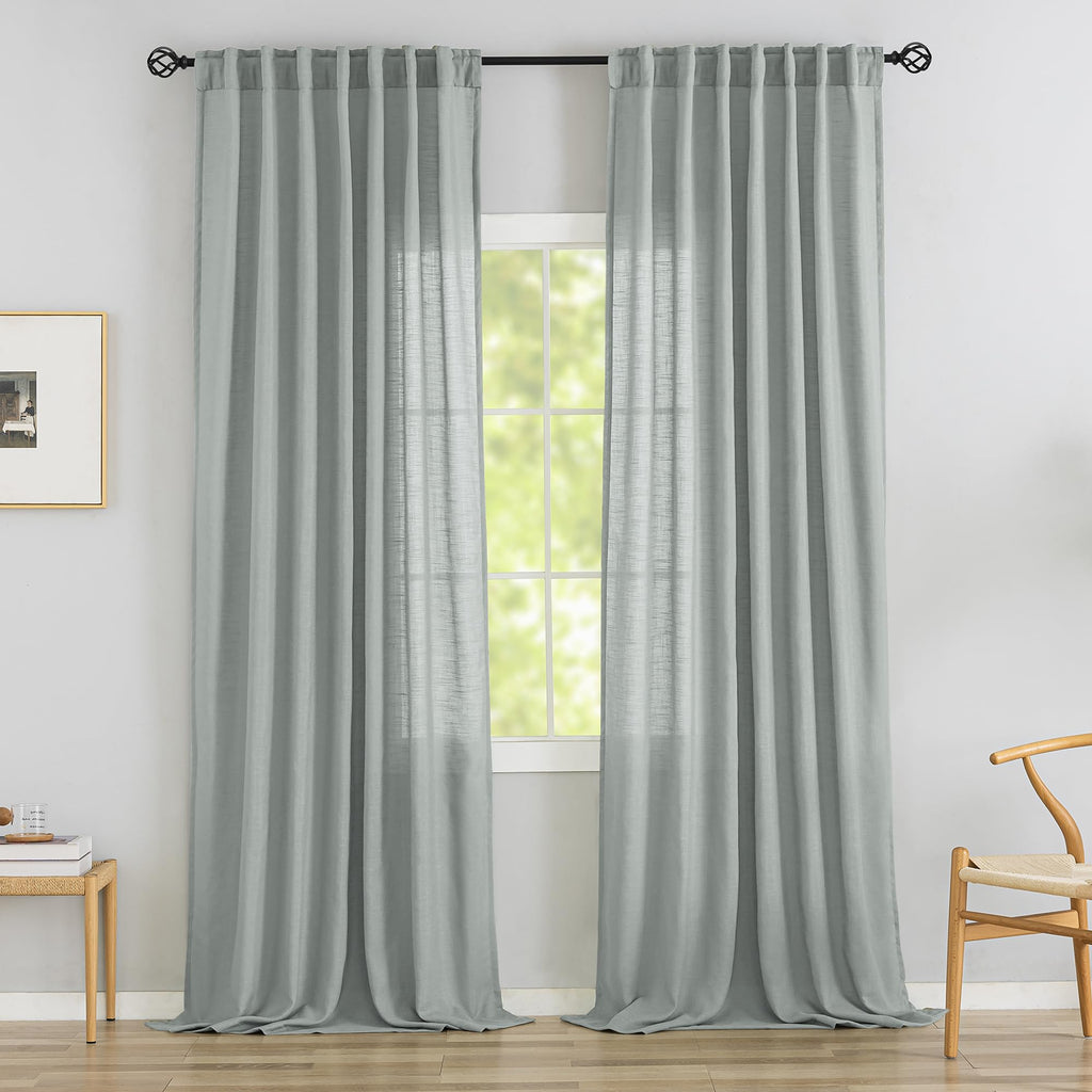Linen 144 Inch Length Curtains For Tall Floor Ceiling Villa Living Room - Light Grey Bak Tab Hooks Pleated Easy Open Sliding Semi Sheer 144 Inch Extra Long 2 Story Window Curtains,12 Foot Curtains