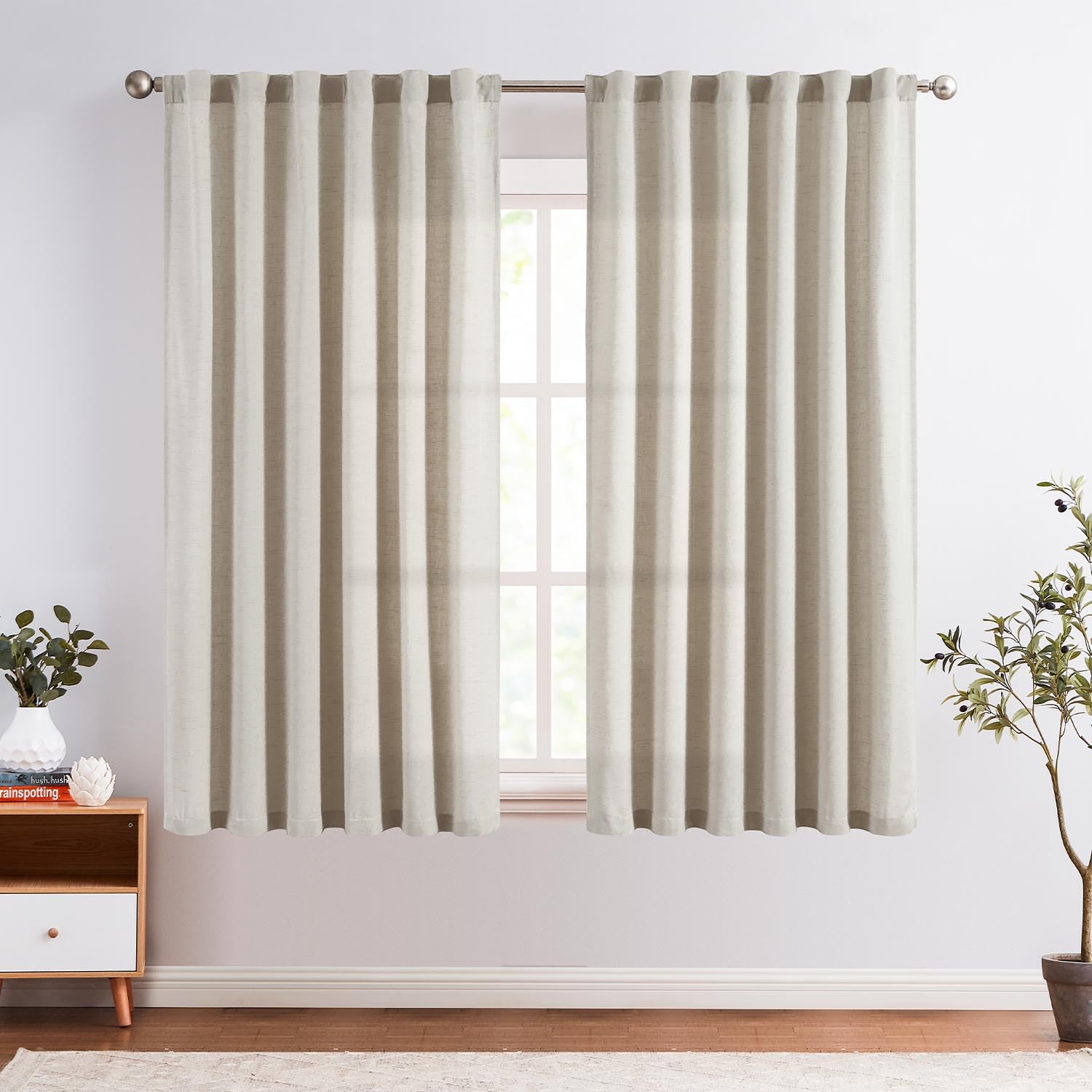 Jinchan Linen Blend Curtains 63 Inches Length For Living Room Oat Farmhouse Rod Pocket Back Tab Light Filtering Window Drapes For Bedroom Curtains 2 Panels