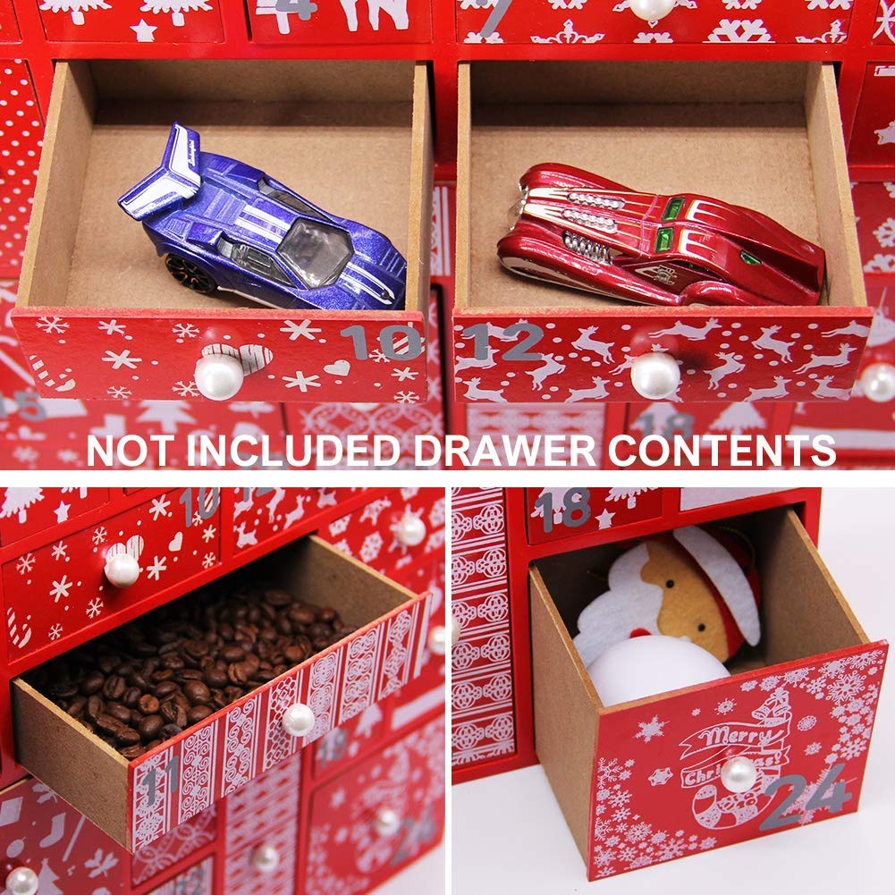 Juegoal Red Advent Calendar With 24 Drawers Countdown To Christmas, Refillable Wooden Advent, 15 Inches Tall