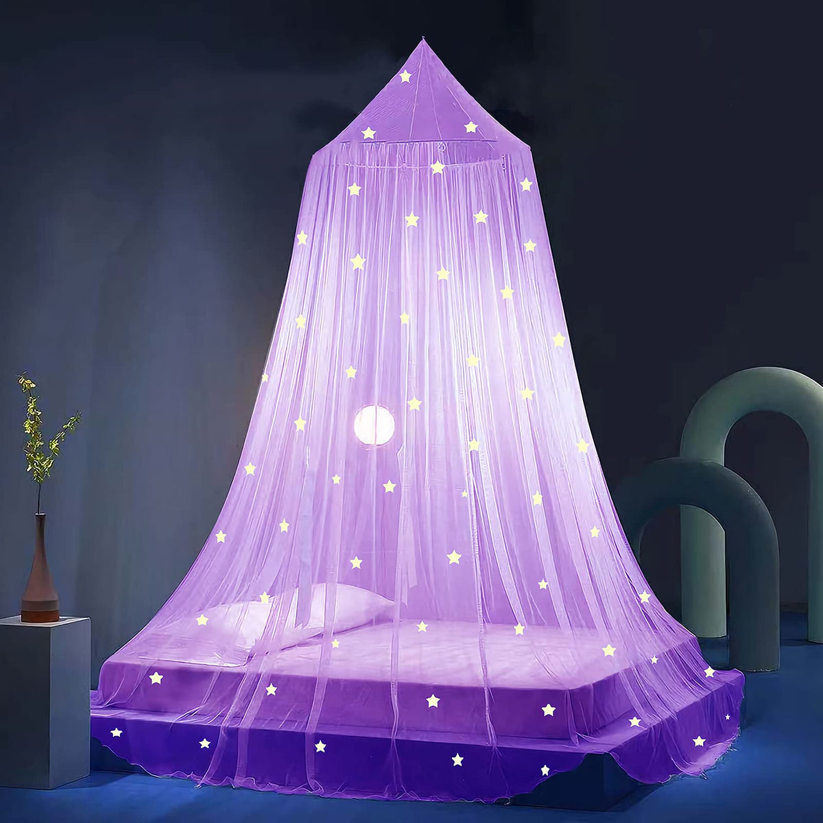 Eimilaly Stars Bed Canopy Glow In The Dark, Bed Canopy For Girls Mosquito Net, Princess Canopy For Girls Bed Room Decor, Purple