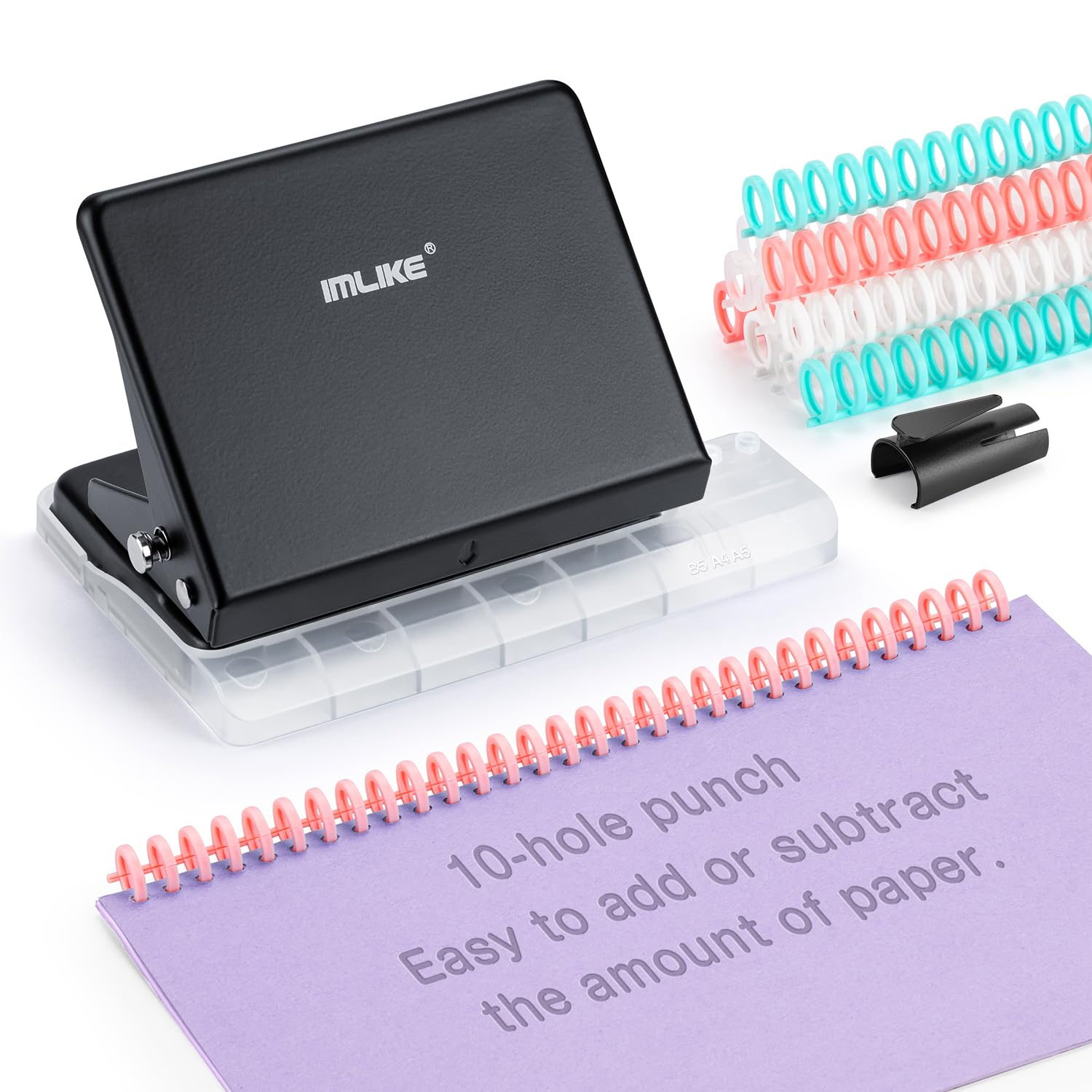 Imlike 10-Hole Binding Machine For Planners - Metal Manual Binding System With 10 Multi-Color 30-Hole Loose Leaf Binding Spines