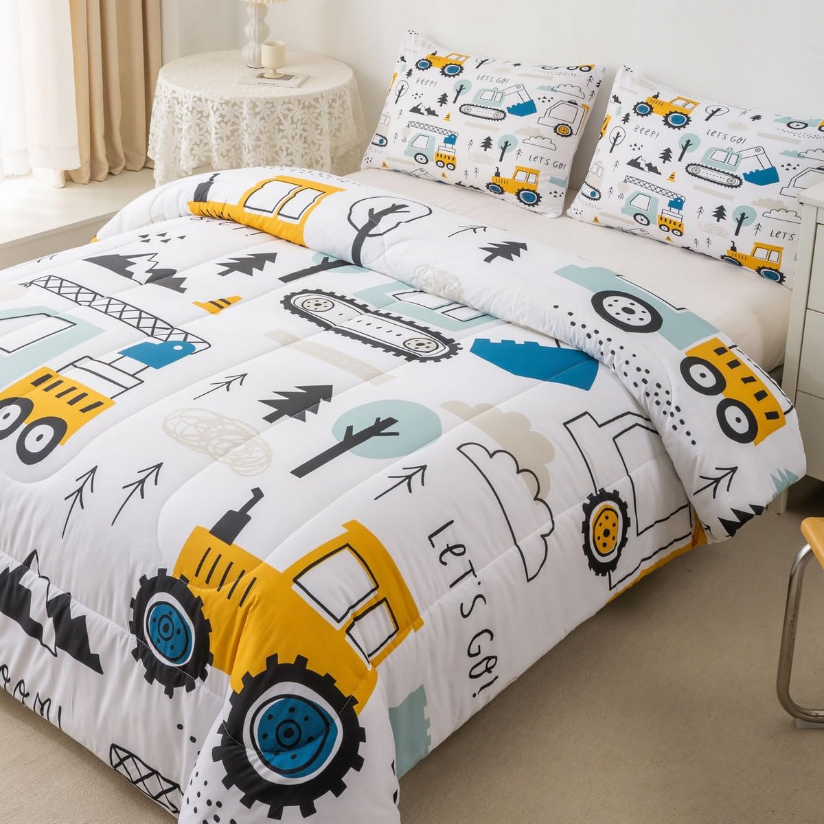 Cartoon Car Kids Comforter Set Construction Bedding Set Decor Equipment Trucks Comforter Cartoon Car Excavator Tractor White Yel