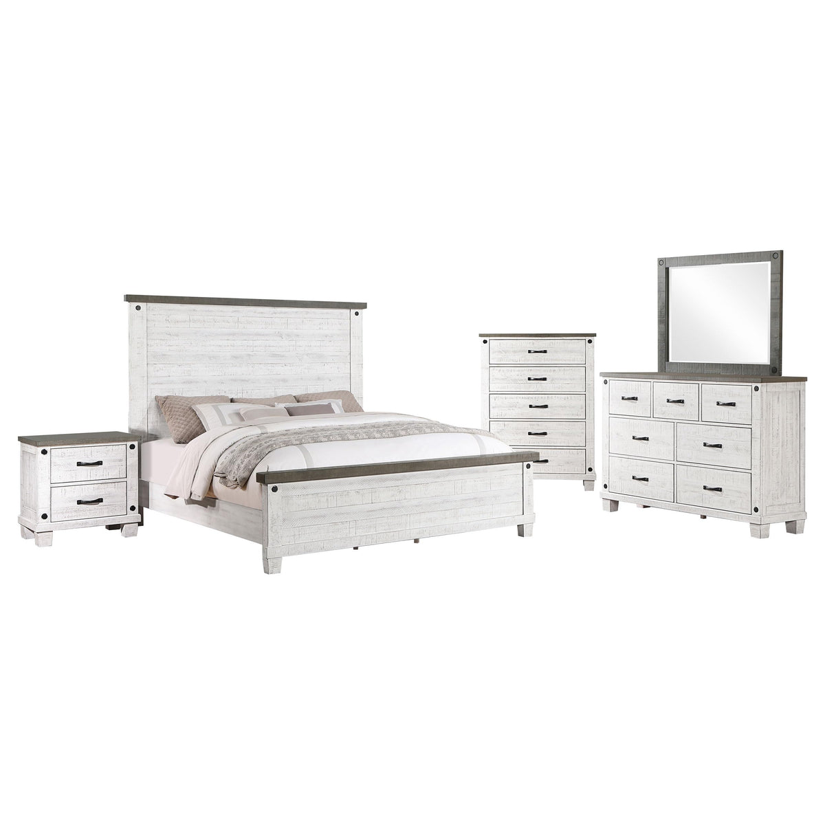 Coaster Home Furnishings Lilith Farmhouse 5-Piece Bedroom Set Queen Size Panel Bed Frame 69-Inch Headboard Distressed White 224471Q-S5