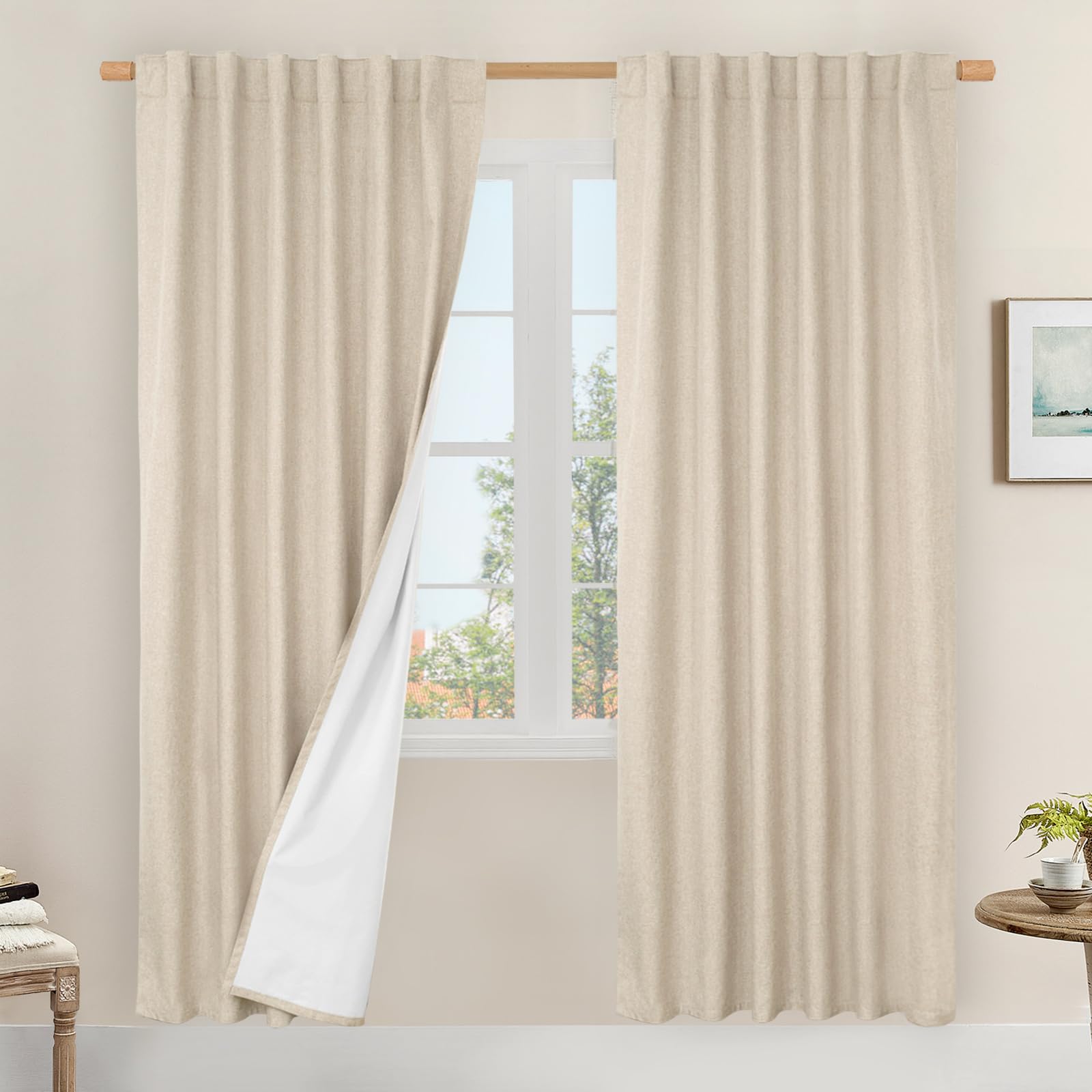LAMIT 100% Blackout Natural Linen Curtains, 80 Inches Linen Textured Thermal Bedroom Curtains Back Tab and Rod Pocket Neutral Pa