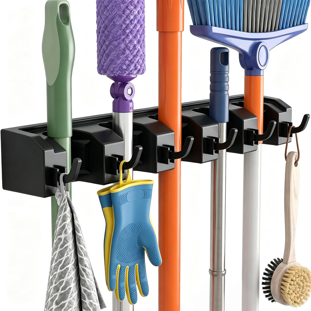 AceMining Broom Holder Wall Mounted, 5 Holders and 6 Hooks Mop Holder, ABS Plastic Brush Holder, Thick and Durable Mop and Broom