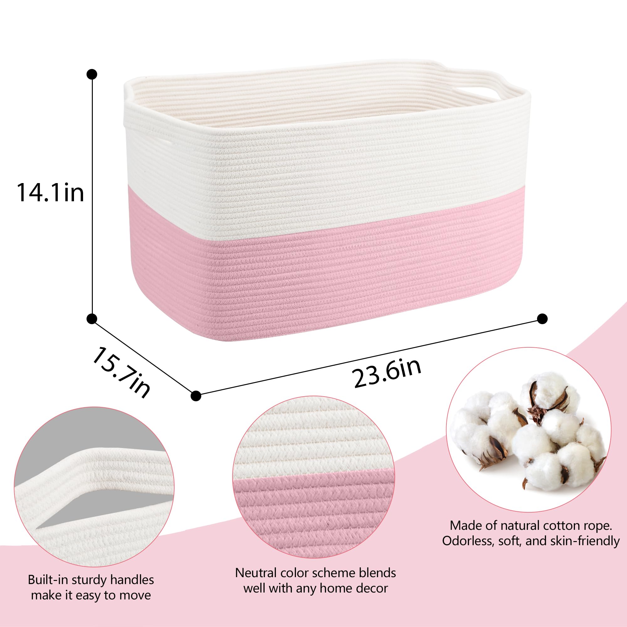 Megasket Xxxl Pink Storage Basket, 23.6' X 15.7' X 14.1' Rectangle Cotton Rope Basket, Extra Large Blanket Basket, Kids Toy B
