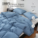 Overket Organic Cotton Duvet Cover Set - 400 Thread Count, King Size, Dusty Blue, Soft & Breathable 3 Piece Bedding Set