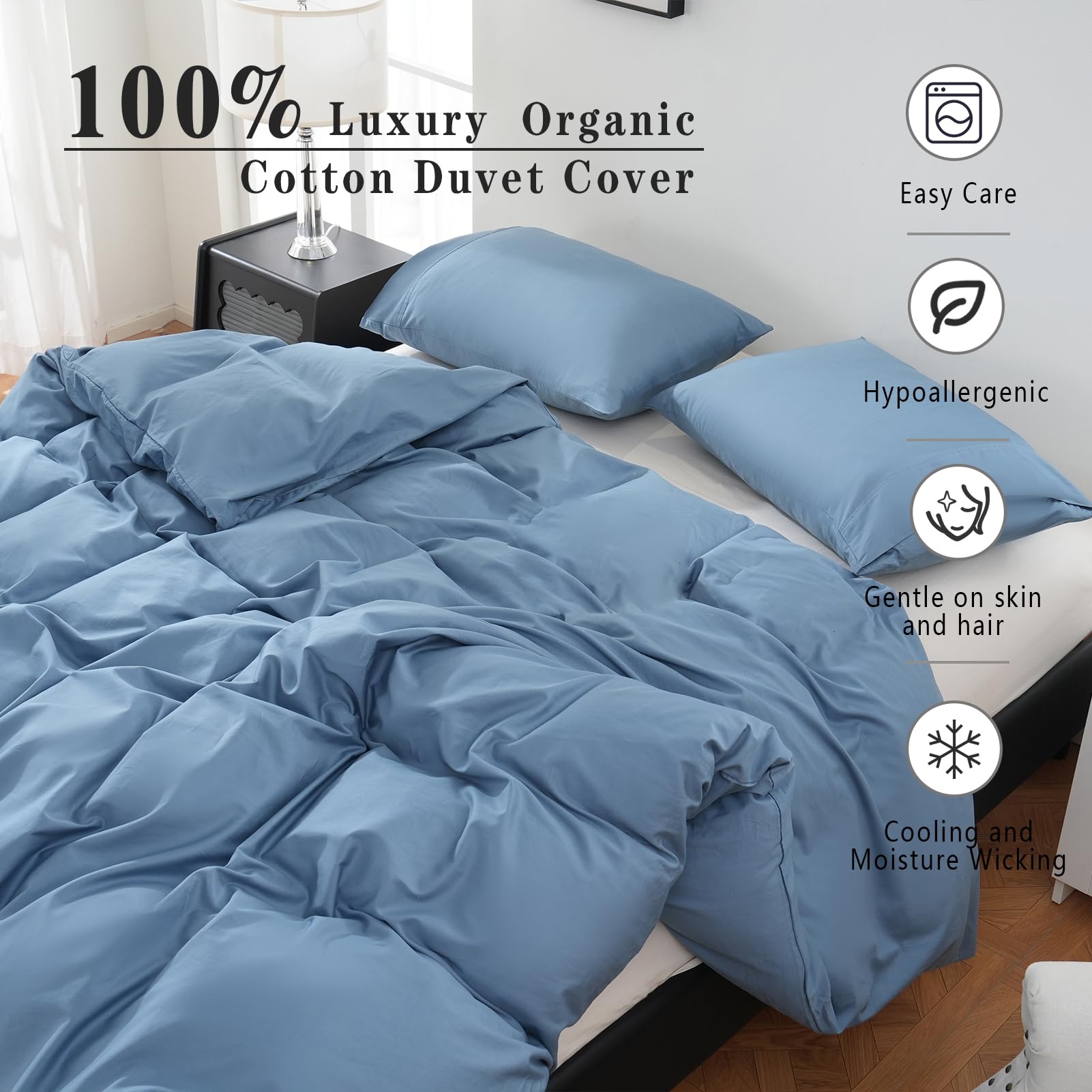 Overket Organic Cotton Duvet Cover Set - 400 Thread Count, King Size, Dusty Blue, Soft & Breathable 3 Piece Bedding Set