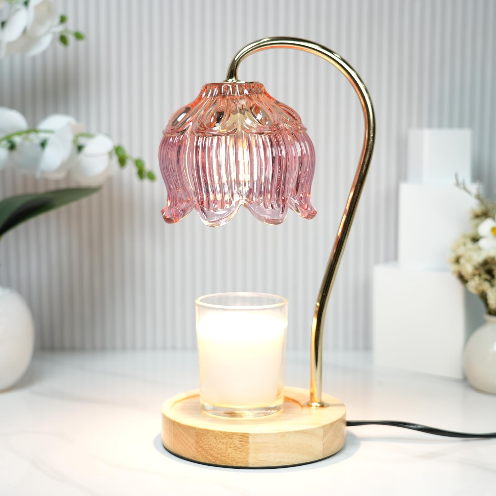 SupBri Dimmable Flower Candle Warmer Lamp, Pink Candle Warmer with Timer & 4Bulbs, Womens Gifts for Valentines Birthday, Unique 
