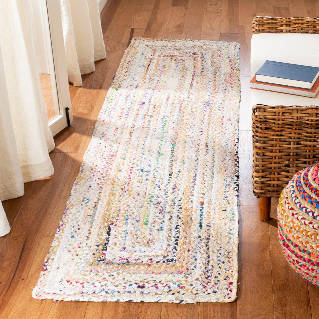 SAFAVIEH Braided Collection 23 x 20 Ivory/Multi BRD210B Handmade Boho Reversible Cotton Runner Rug