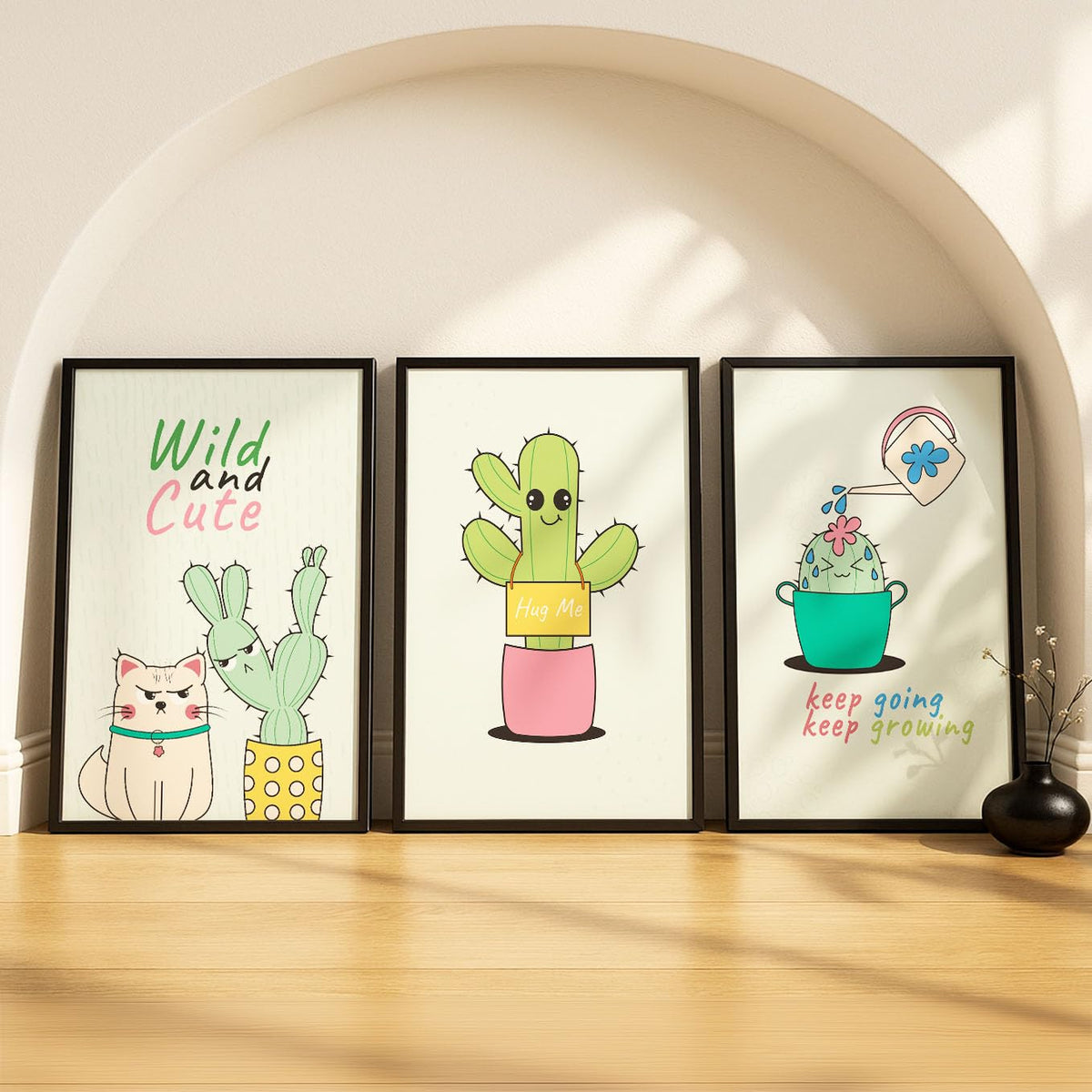 SoulAbiti Kawaii Cactus Motivation set of 3 Framed Wall Print 12x18 inch Black Frame PlexiGlass Cute Art ready to hang for livi