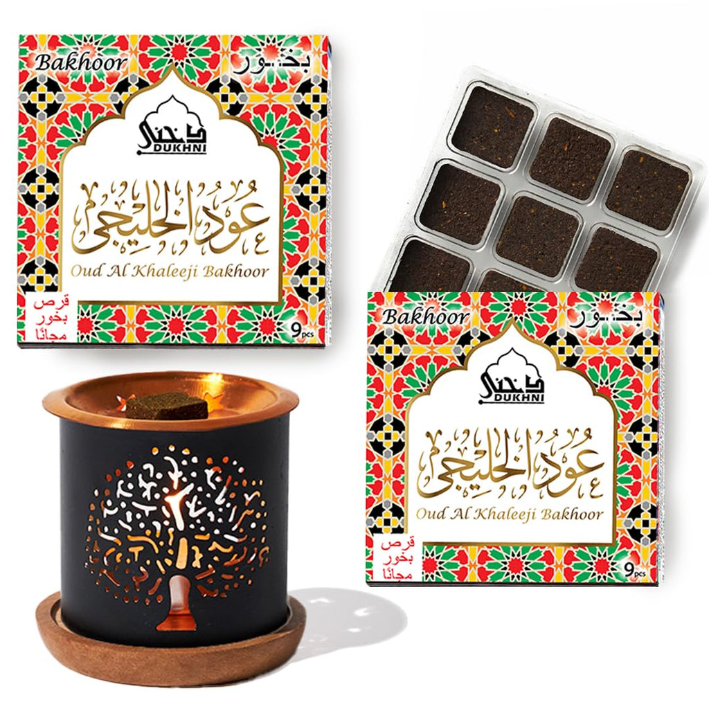 Oud Al Khaleeji Bakhoor Set by Dukhni | 2 x 9 Piece Each & Tree Bakhoor Burner | Arabic Bakhoor Incense | Citrus, Spicy Oud Blen