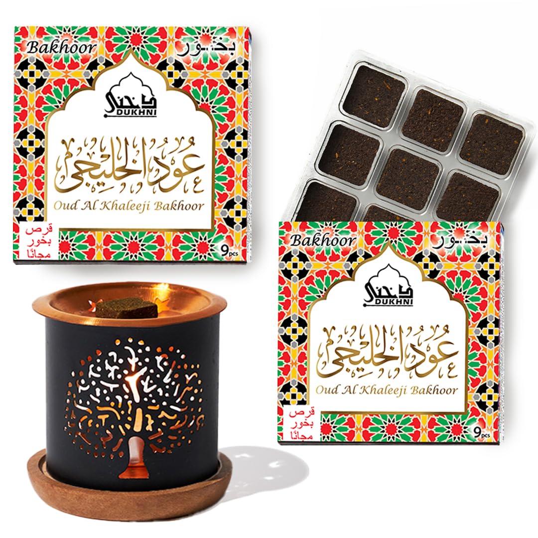 Oud Al Khaleeji Bakhoor Set by Dukhni | 2 x 9 Piece Each & Tree Bakhoor Burner | Arabic Bakhoor Incense | Citrus, Spicy Oud Blen