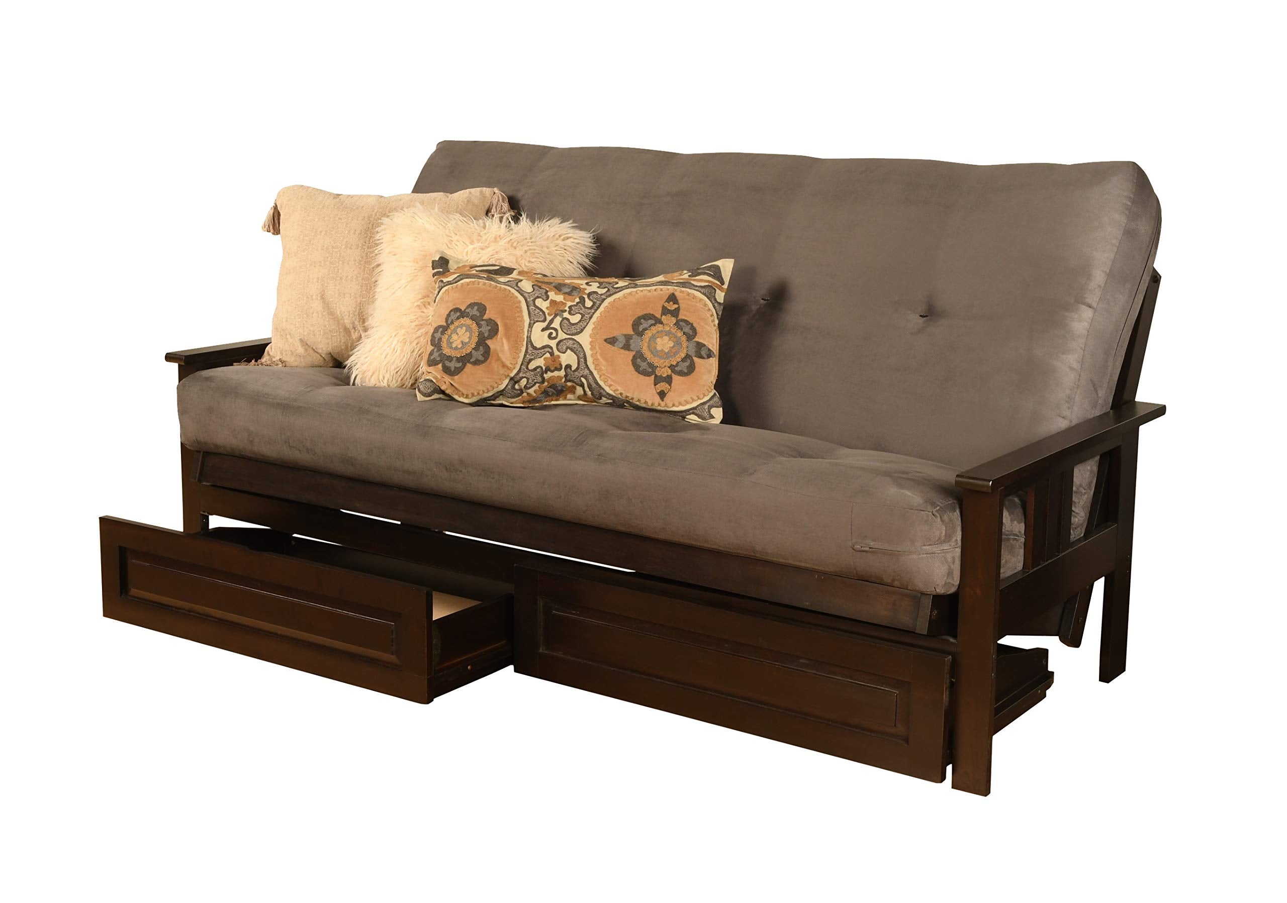 Kodiak Furniture Monterey Futon Set With Storage Drawers, With Espresso Base And Suede Grey Mattress