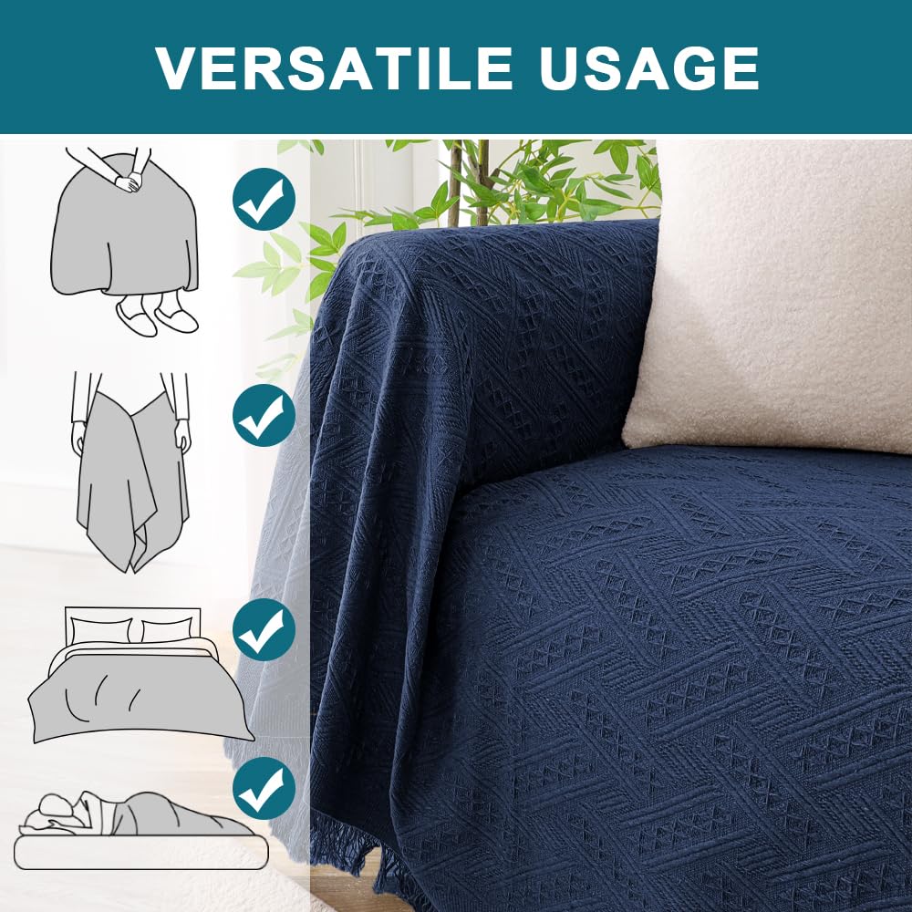 Turquoize Cotton Xx-Large Blanket, Navy, 91'X134', Jacquard Weave, Geometrical Pattern, Tassel Embellishment, Durable, Heavyweig