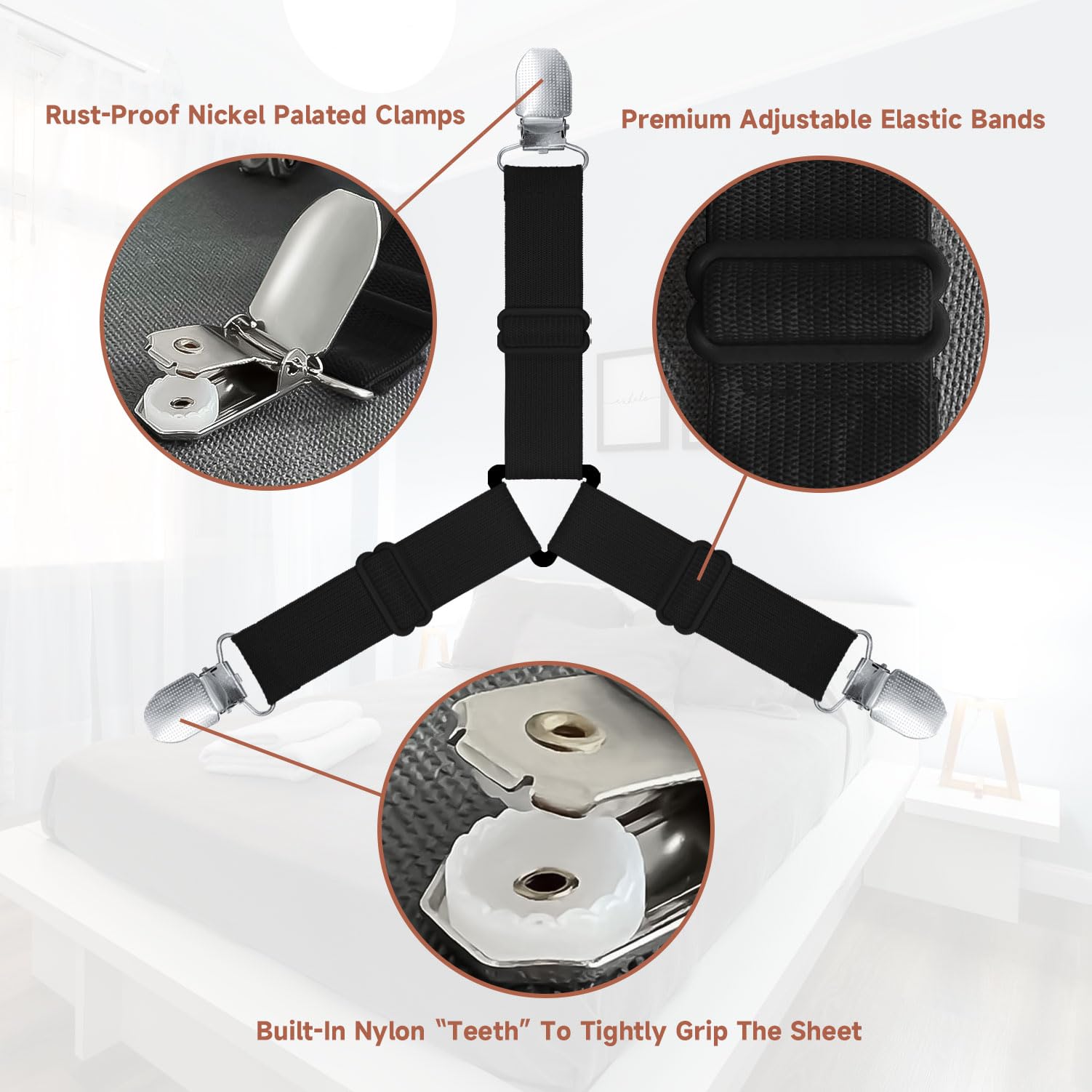 Bozenu Bed Sheet Straps, Upgrade Fitted Bed Sheet Holders For Corners, Non Slip Sheet Clips Black 8Pcs