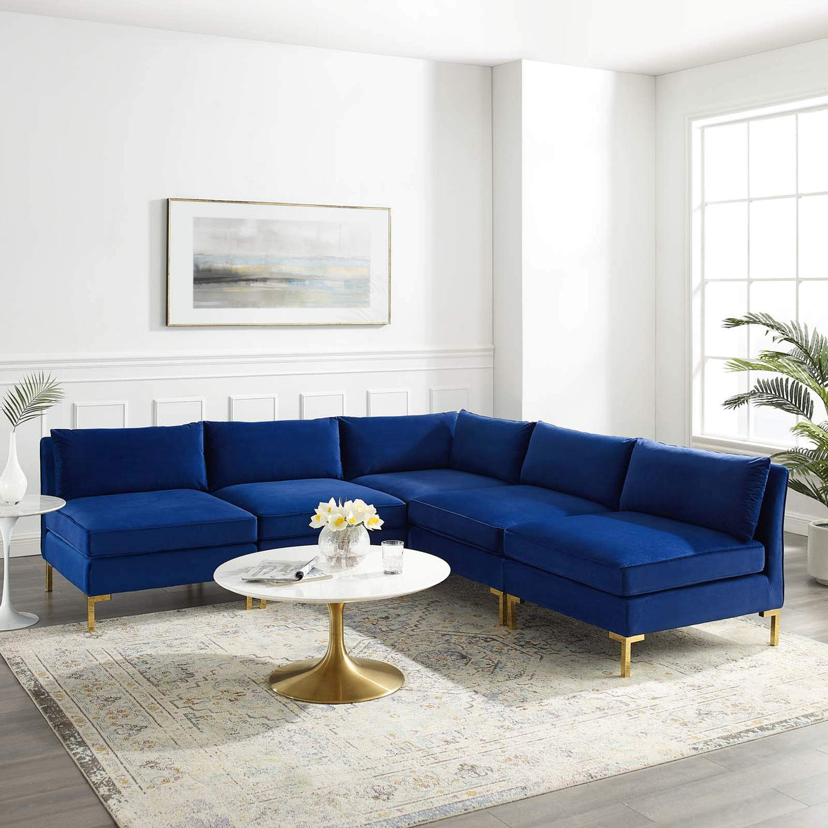 Modway Ardent Performance Velvet Sectional Sofa, 5 Piece L-Shape Armless, Navy