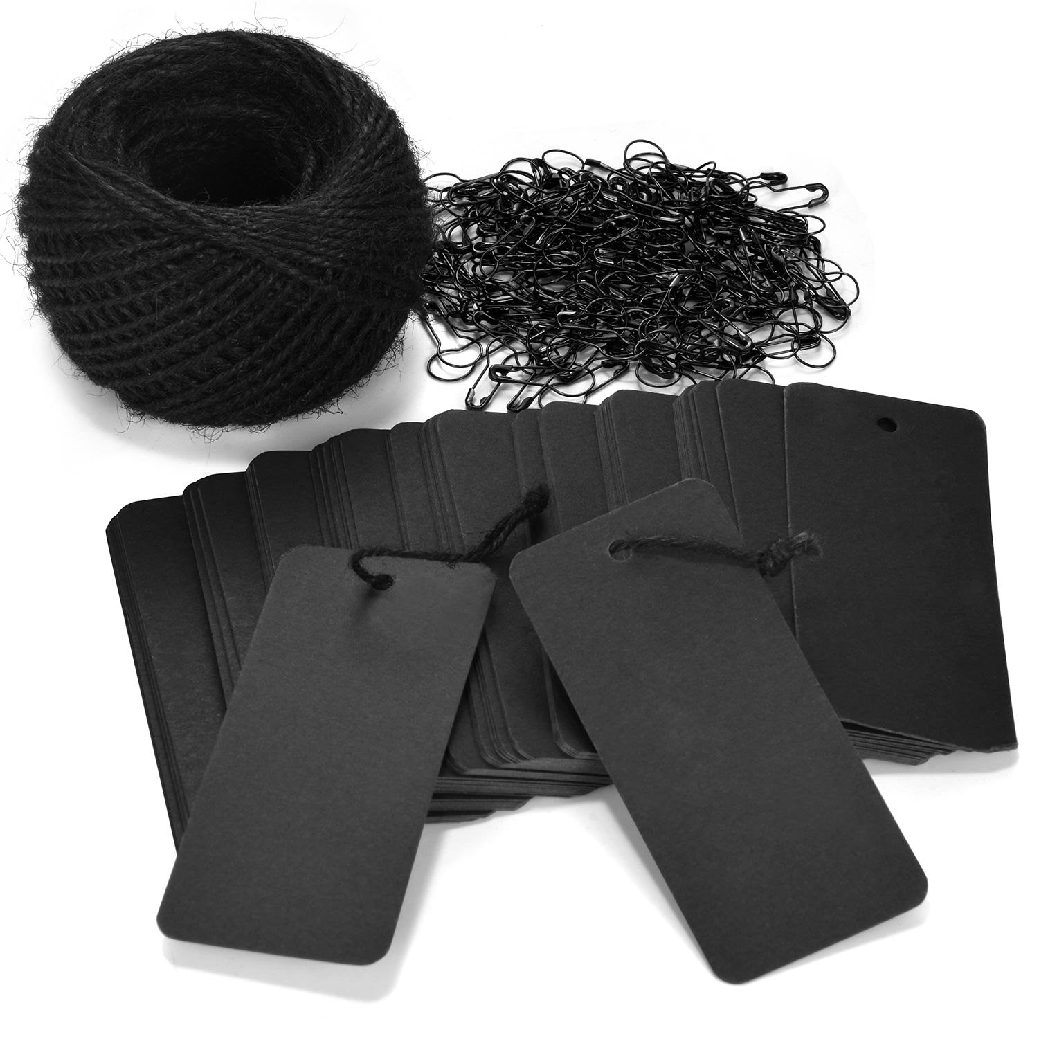 Loomy 200 Pcs Marking Tags With Safety Pins And 157 Feet Natural String To Label Clothes For Garage Yard Consignment Tag Black