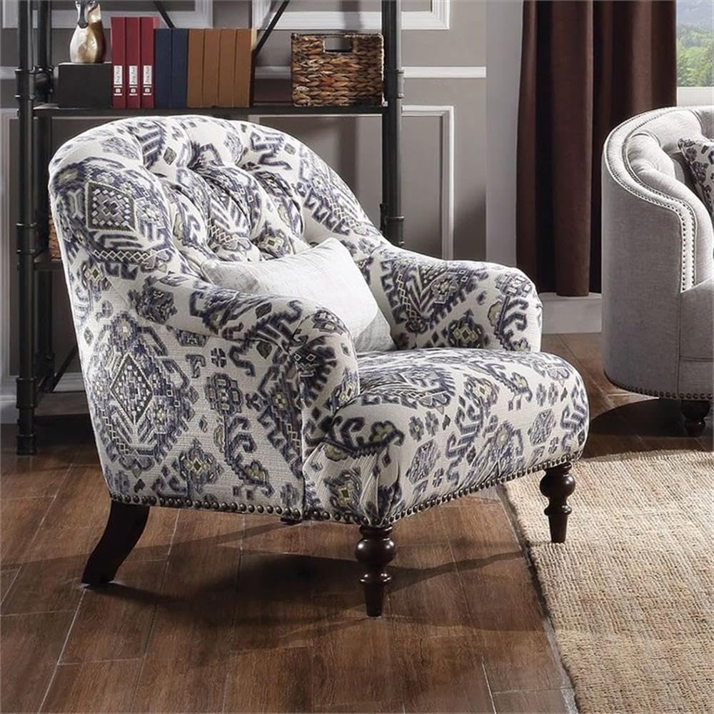 Acme Saira Tufted Accent Chair with 1 Pillow in Light Gray and Blue Fabric