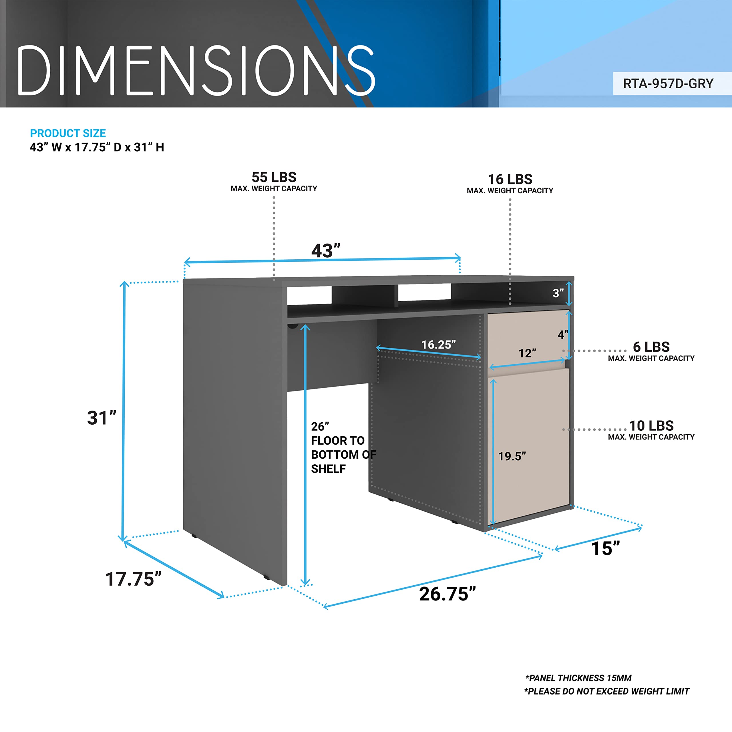 Techni Mobili Home Office Workstation with Storage Computer Desk, 17.75&quot; D x 43.3&quot; W x 29&quot; H, Grey