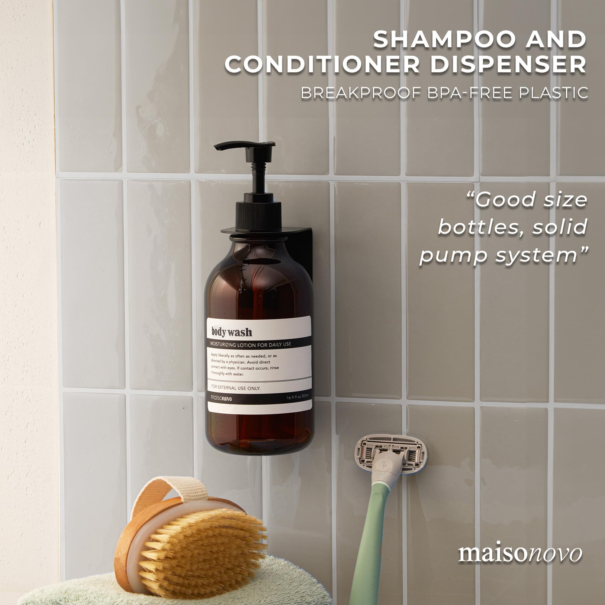 Maisonovo Shampoo And Conditioner Dispenser - Shower Soap Dispenser Wall Mounted - 16.9 Fl Oz Set Of 1 Amber Plastic Bottles Bla