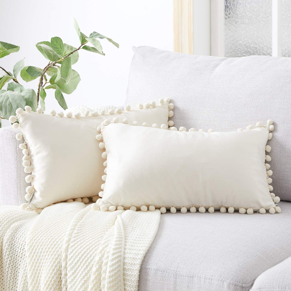 Top Finel Cream Lumbar Pillow Covers 12X20 Set Of 2, Soft Velvet Throw Pillow Cover With Pom Poms Off White Couch Cushion Covers