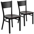 2 Pk. Black Grid Back Metal Restaurant Chair - Mahogany Wood Seat