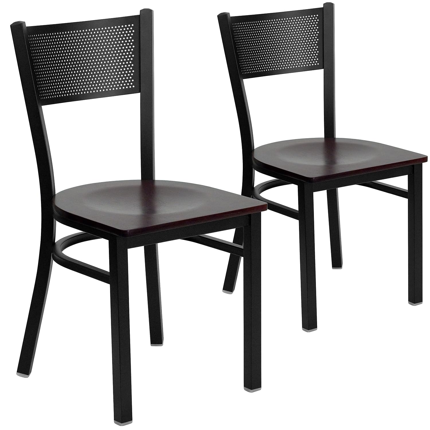 2 Pk. Black Grid Back Metal Restaurant Chair - Mahogany Wood Seat