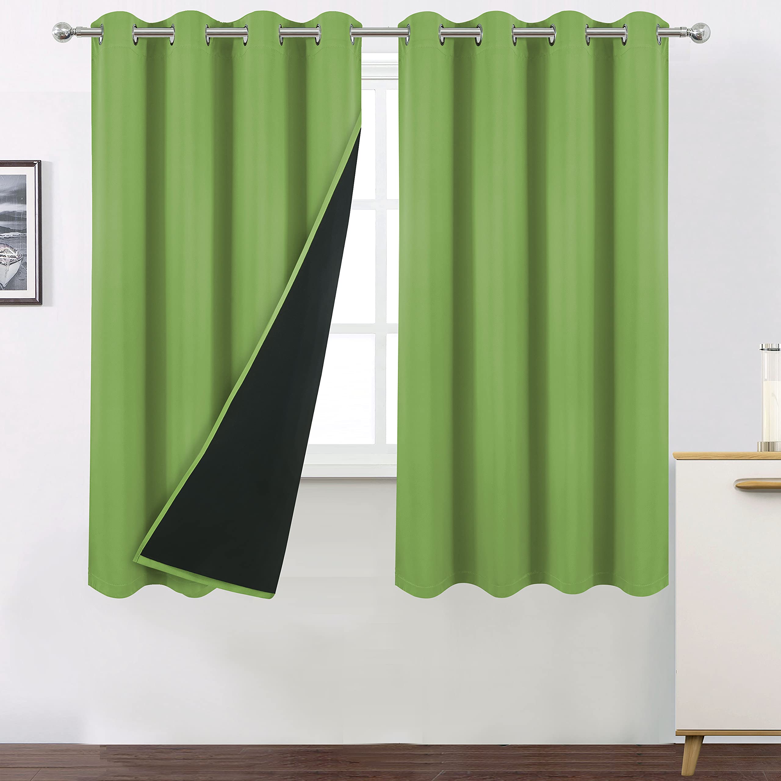 Lemomo 100% Blackout Light Green Curtains With Black Lining/52 X 63 Inch/Set Of 2 Panels Thermal Insulated Room Darkening Curtai