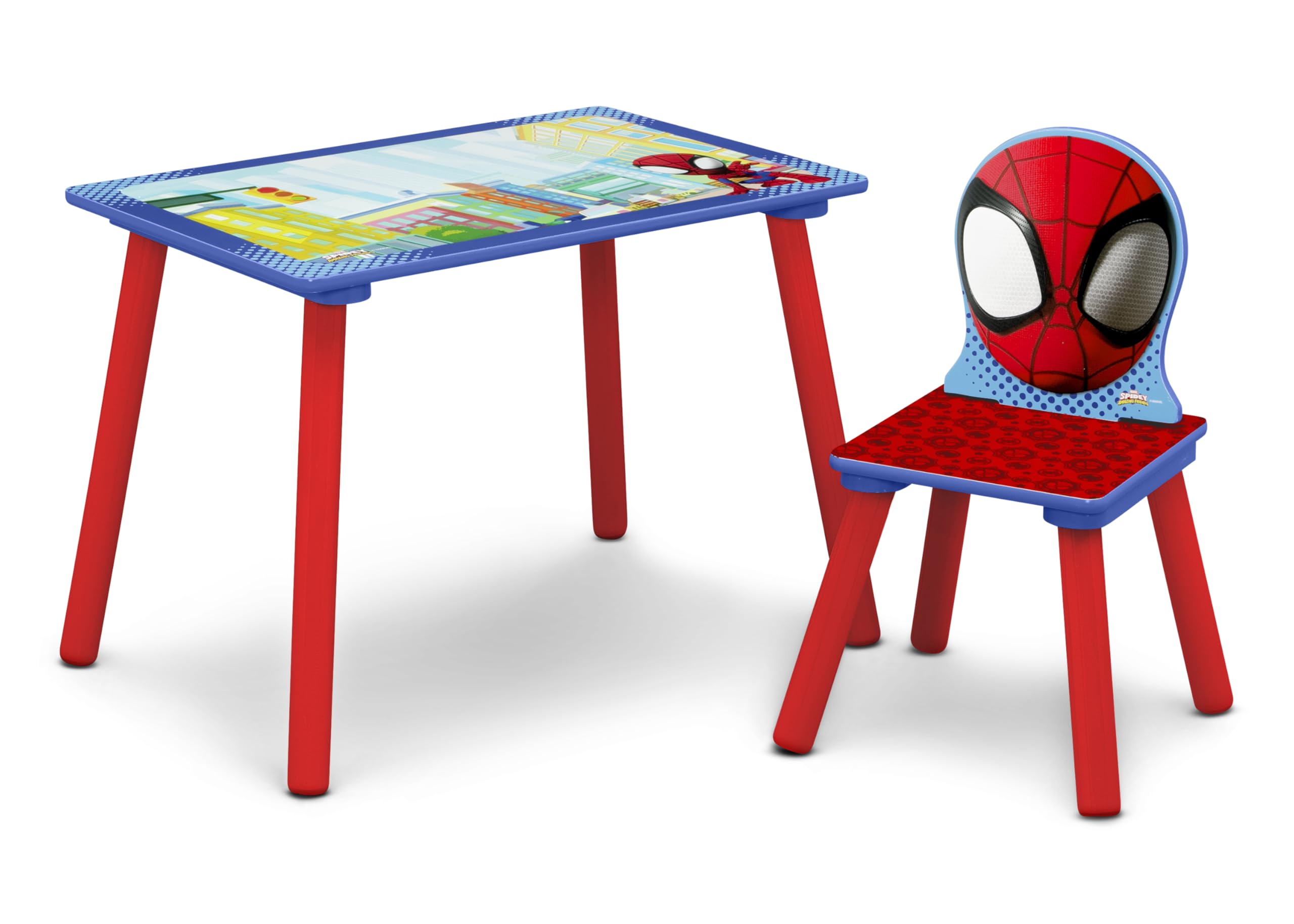 Delta Children Marvel Spidey and His Amazing Friends Toddler Bed, Table, Chair and Toy Box Set Blue/Red Wood