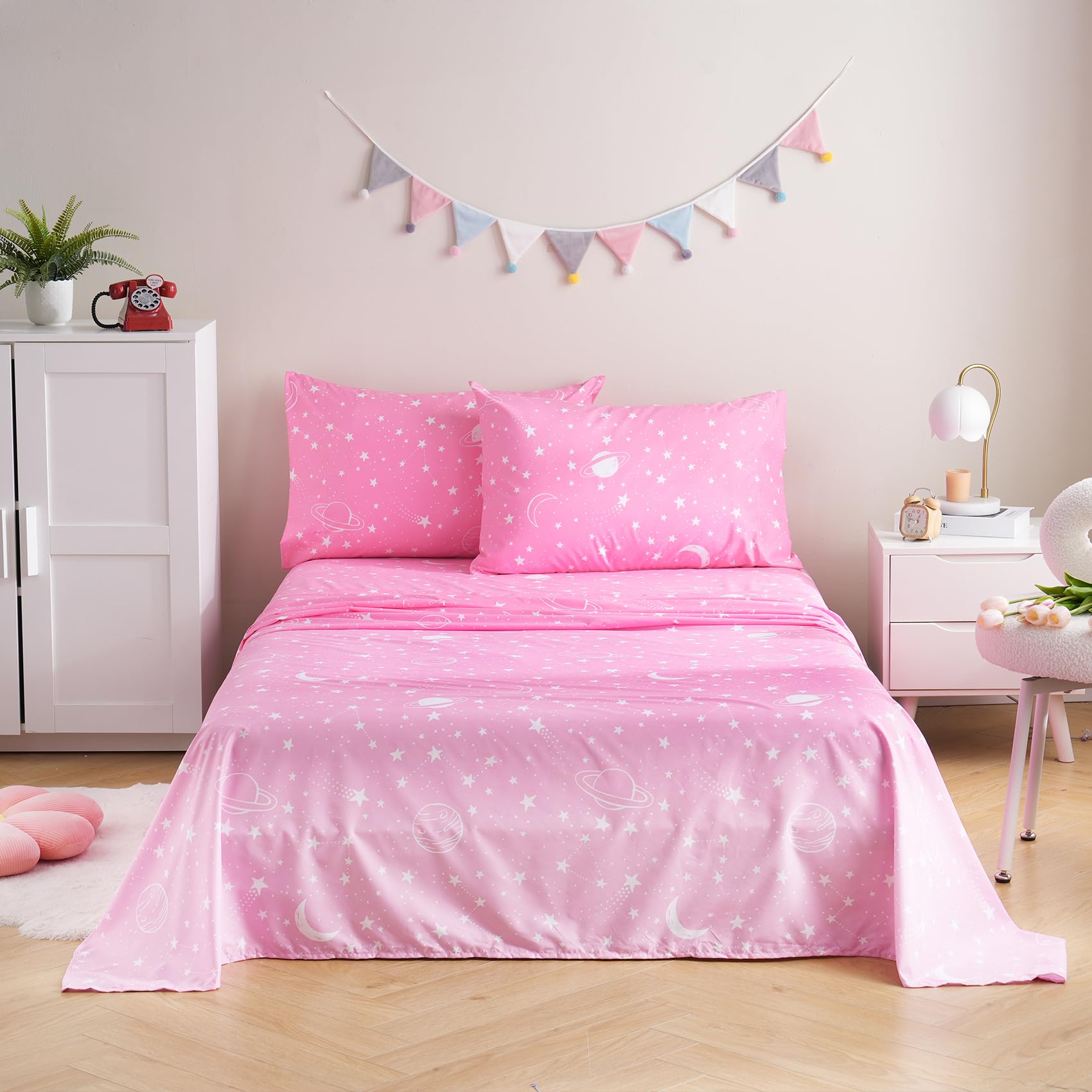 Jsd Gradient Pink Moon Stars Kids Sheet Set Twin Size, 3 Piece Space Theme Microfiber Sheets Deep Pocket