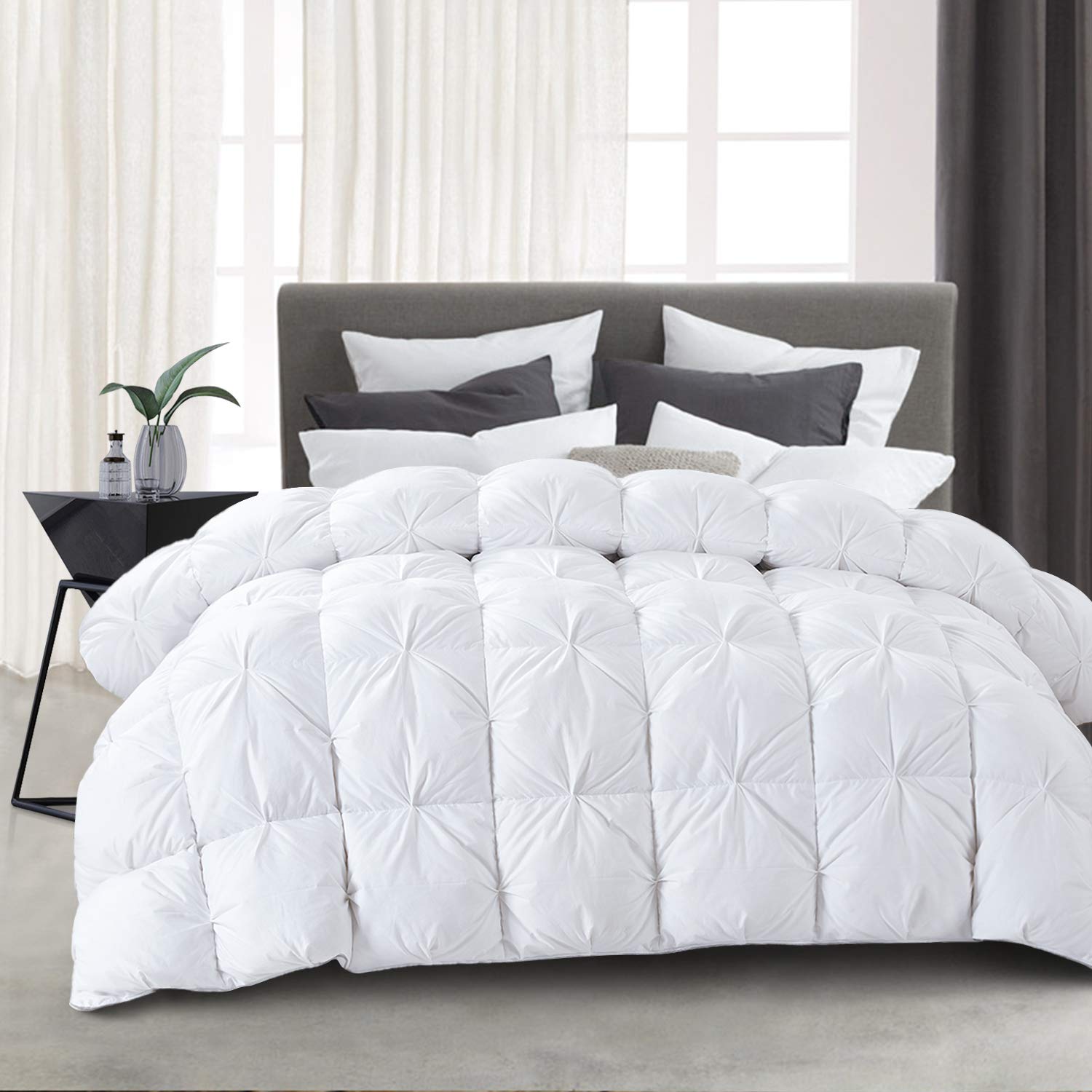 Hombys 120X98 Oversized King Feather And Down Comforter, Pinch Pleat Palatial King Duvet Insert With 100% Cotton Cover, White Fl