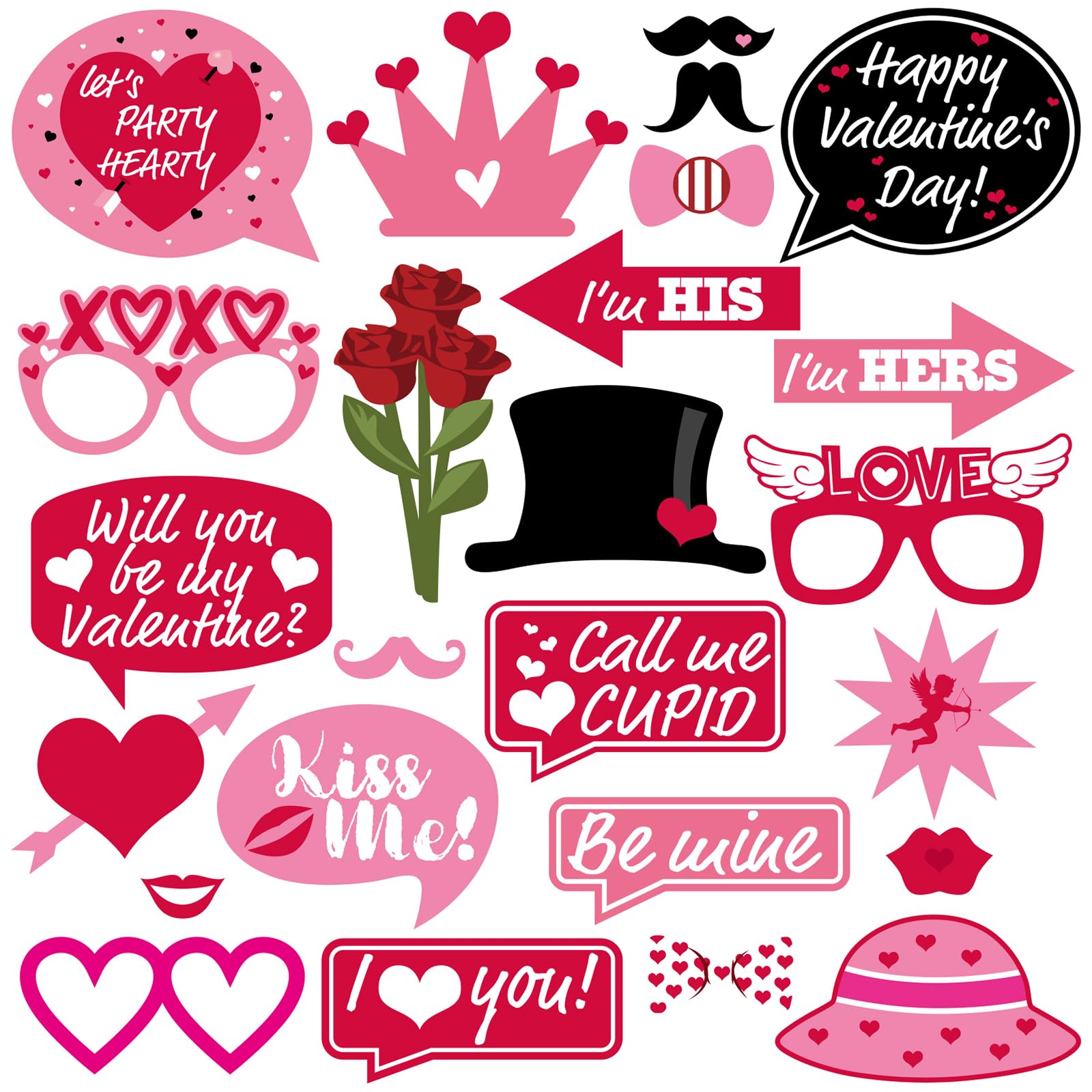 BASEMMAHER Valentine's Day Photo Booth Props Lovers Selfie Photobooth Props for Photography Funny Heart Rose Glasses Beard Lips 