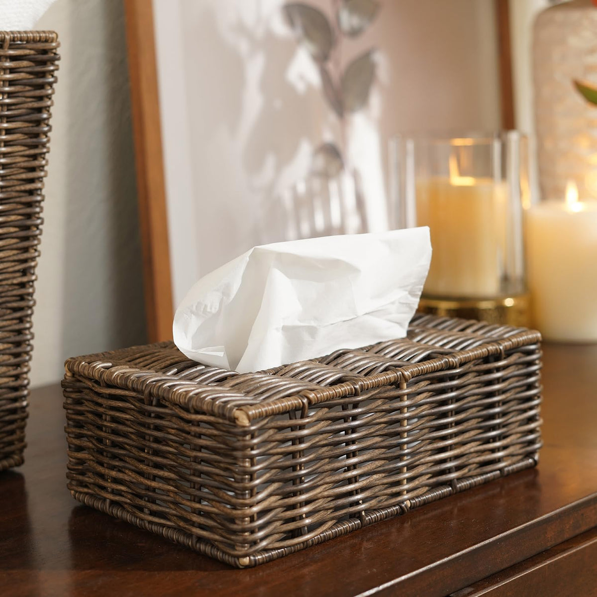 Pure Home + Living Brown Resin Wicker Tissue Box Cover, Resin Tissue Box Holder, Handcrafted Tissue Dispenser for Office, Living
