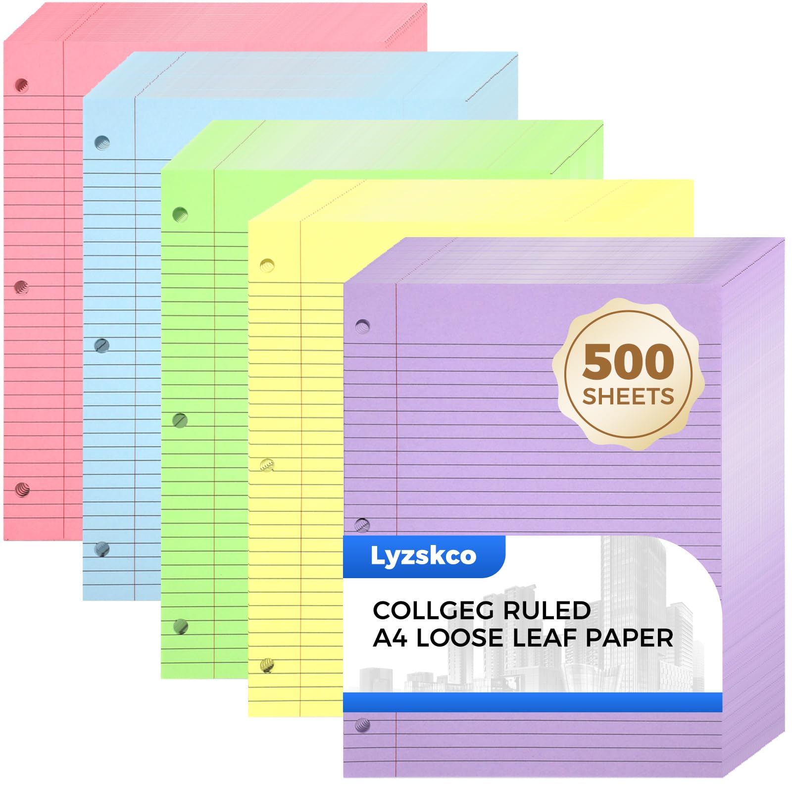 500 Sheets Loose Leaf Binder Paper, Colorful College Ruled Paper, 3-Hole Punched Notebook Paper For School Office, 8 ' X 10.5