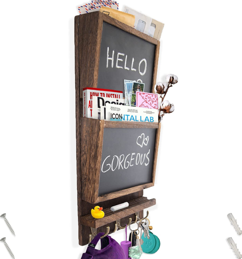 Rustic 2-Slot Mail Sorter Organizer For Wall With Chalkboard Surface & 3 Double Key Hooks - Wooden Wall Mount Mail Holder Organi