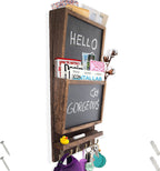 Rustic 2-Slot Mail Sorter Organizer For Wall With Chalkboard Surface & 3 Double Key Hooks - Wooden Wall Mount Mail Holder Organi