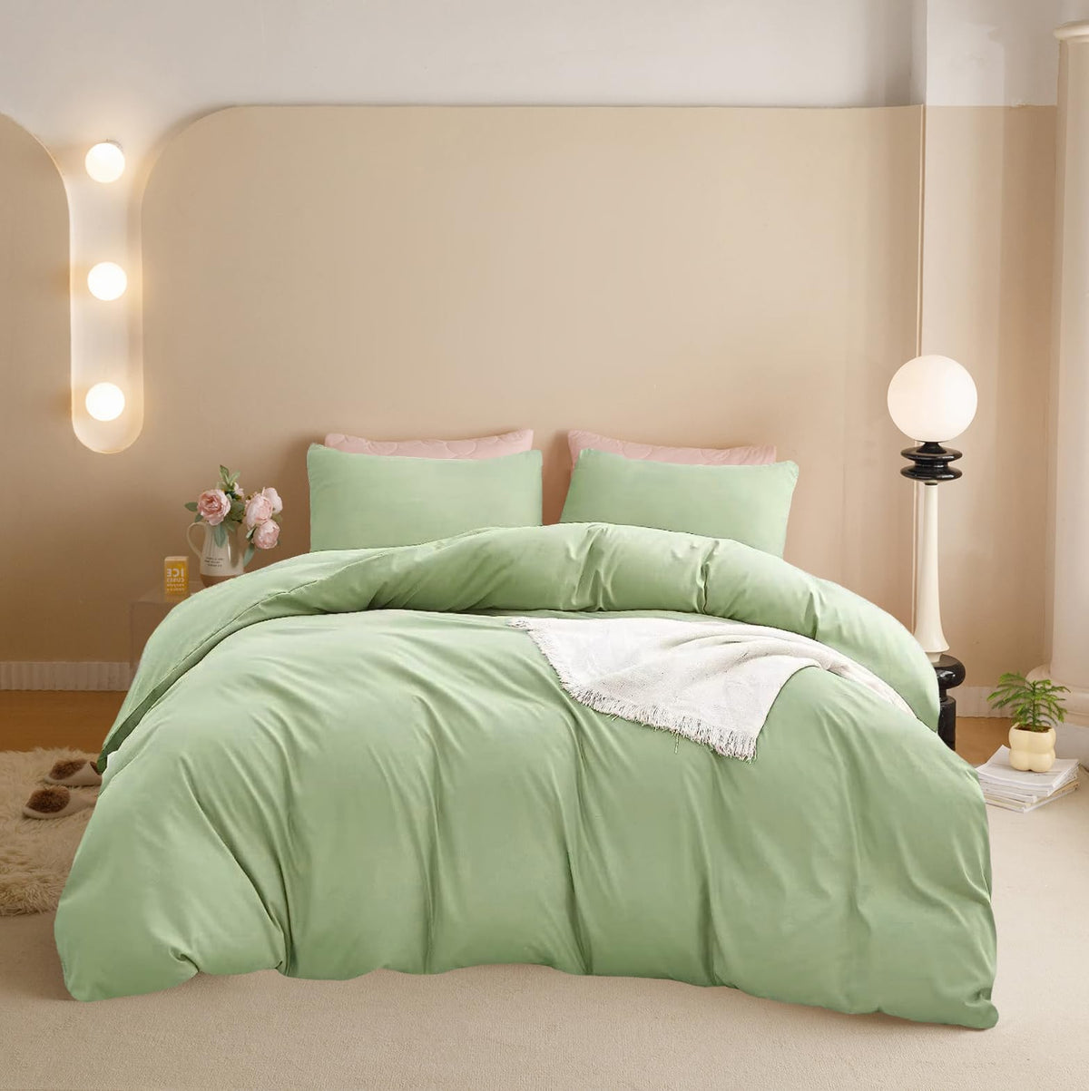 Houseri Sage Green Comforter Set Queen, 3 Pieces Lightweight Light Green Bedding Sets Queen, Solid Green Bed Quilt Blanket Ultra