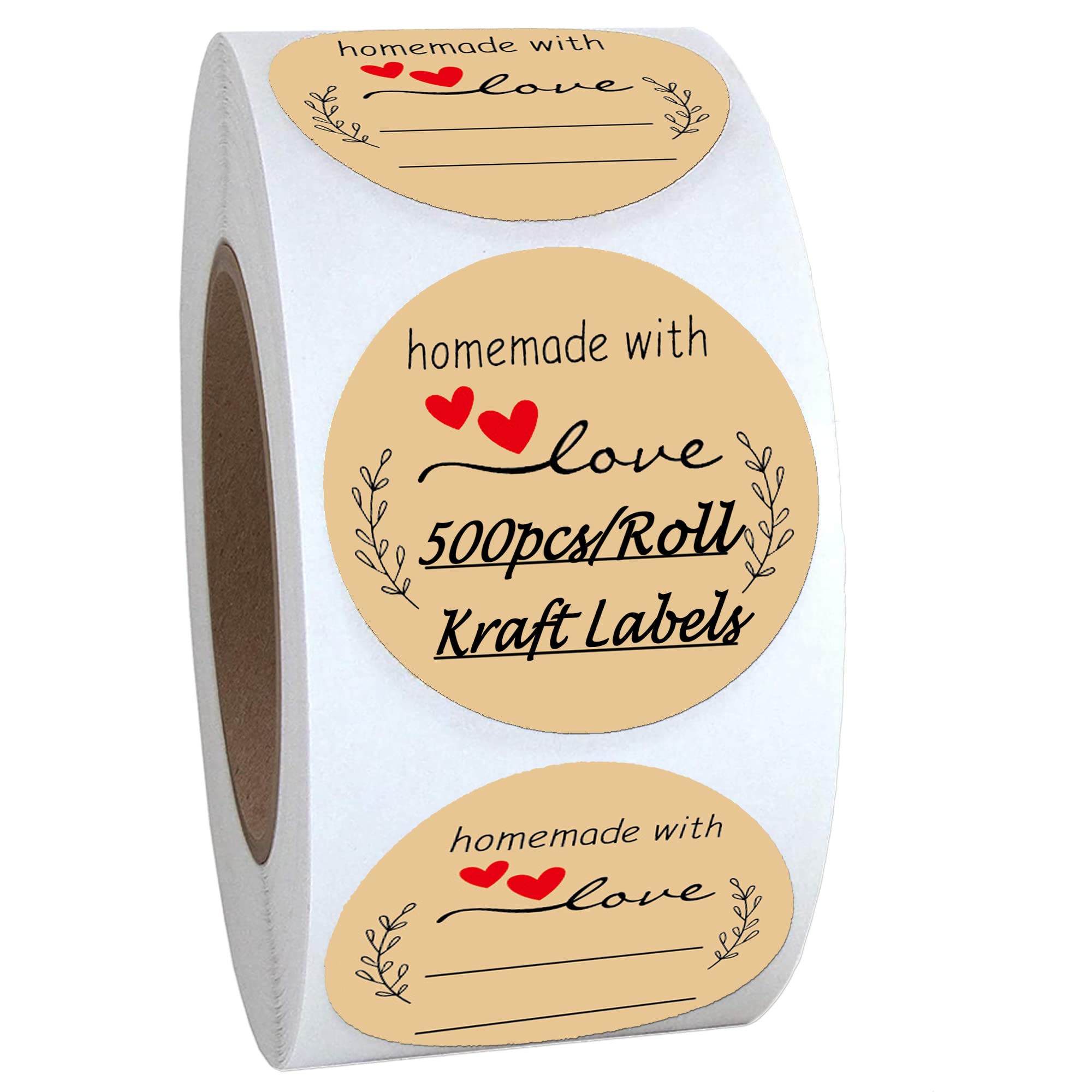 Salemar Homemade With Love Stickers 500Pcs, 1.5 Inch Brown Kraft Label Stickers For Canning Bottles, Storage Bins, Food, Jars, H
