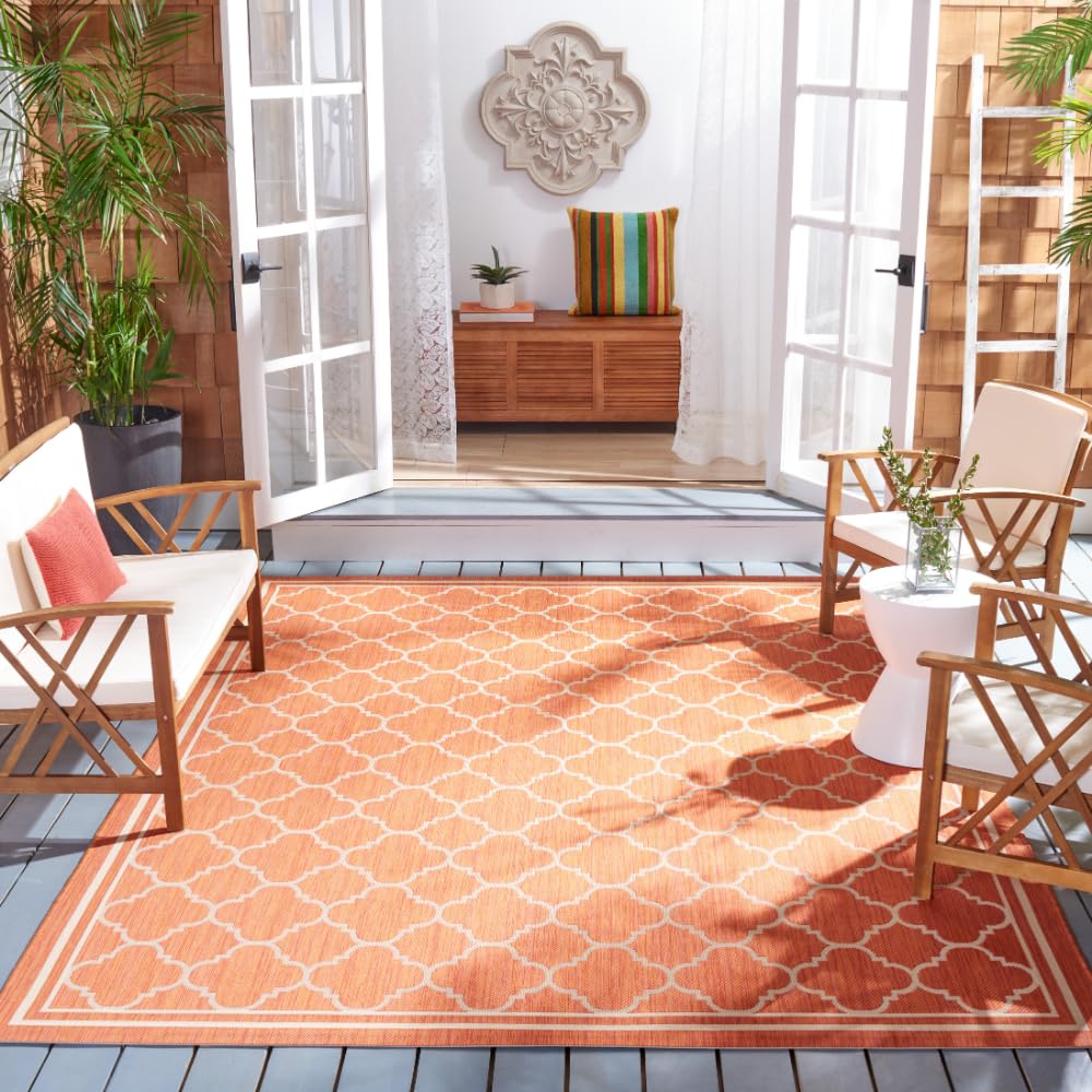 SAFAVIEH Courtyard Collection Area Rug - 9 x 12, Terracotta & Bone, Trellis Design, Non-Shedding & Easy Care, Indoor/Outdoor &