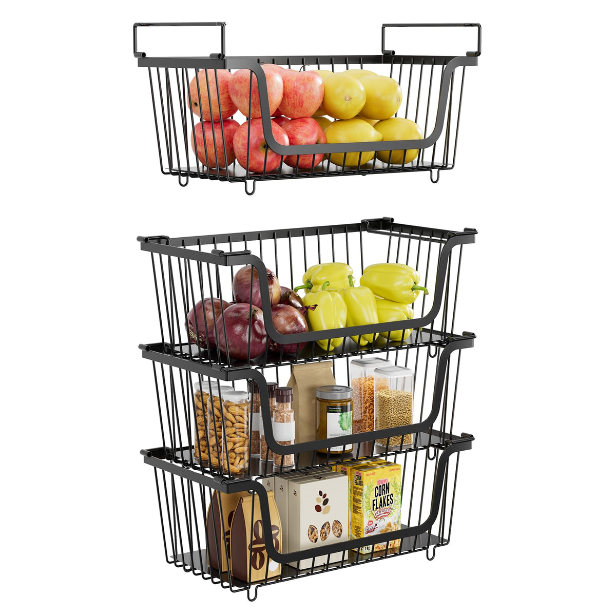 4 Pcs Stackable Wire Baskets for Pantry Organizers and Storage, Black
