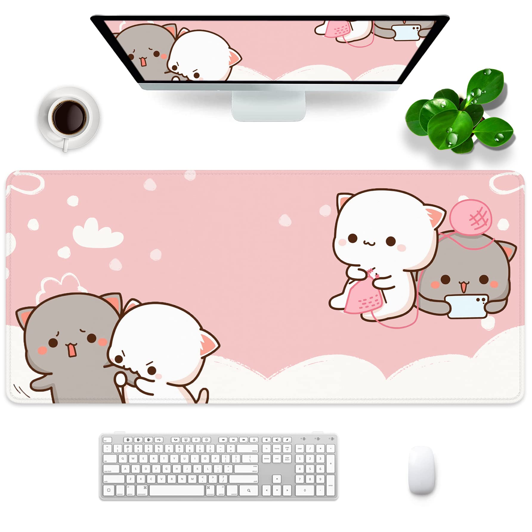 Pink Mouse Pad Cat Xxl Kawaii Gaming Mouse Pad Animal Theme 35X15.7X0.12 Inch Gift For Women,Pink Desk Accessories With Personal