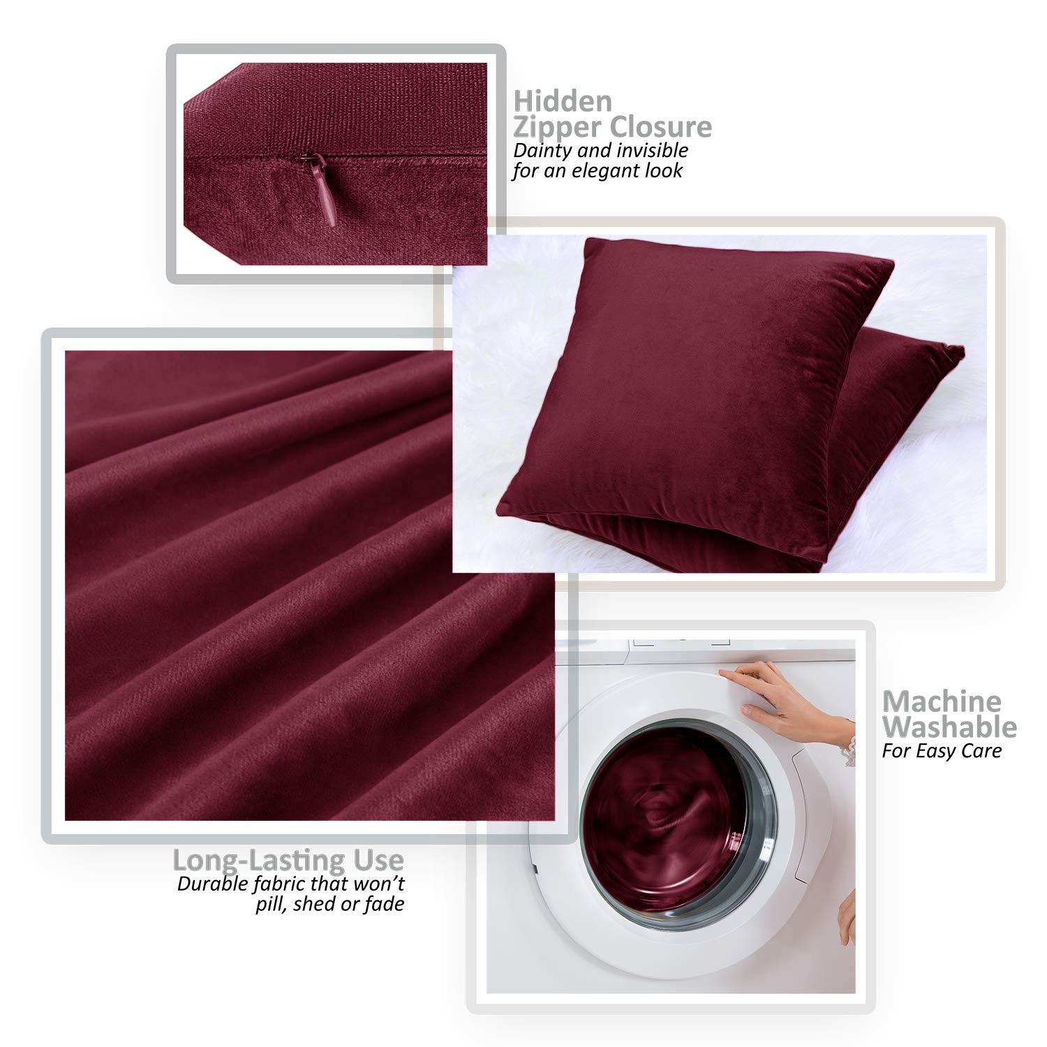 Nestl Throw Pillow Covers, Cozy Velvet Decorative Outdoor Pillow Covers 20X20 Inches, Soft Solid Cushion Covers For Sofa, Bed And Car, Set Of 4 - Burgundy Red