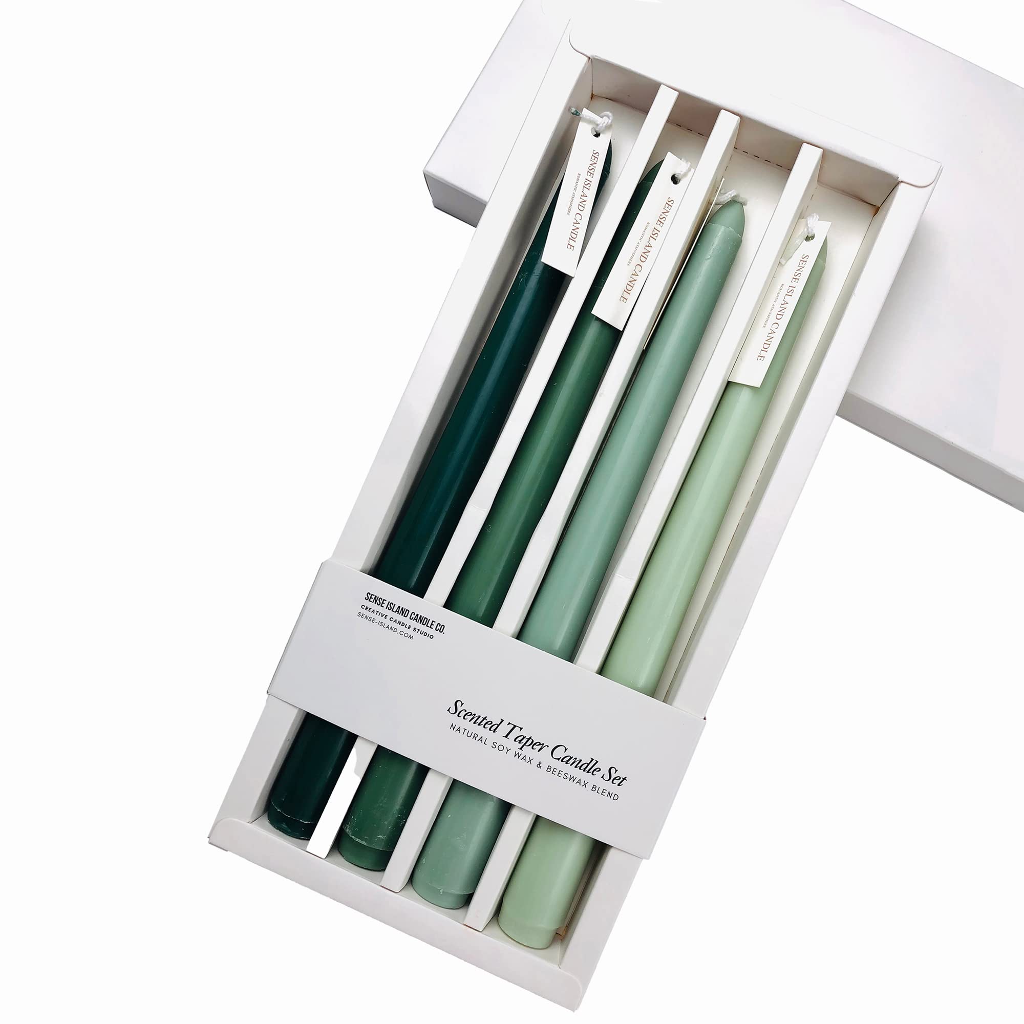 Taper Candles 10 Green Shades Ombre Colored Candle Sticks Set of 4 | Amber Sandalwood Scented, Natural Soy Candlesticks Colorf