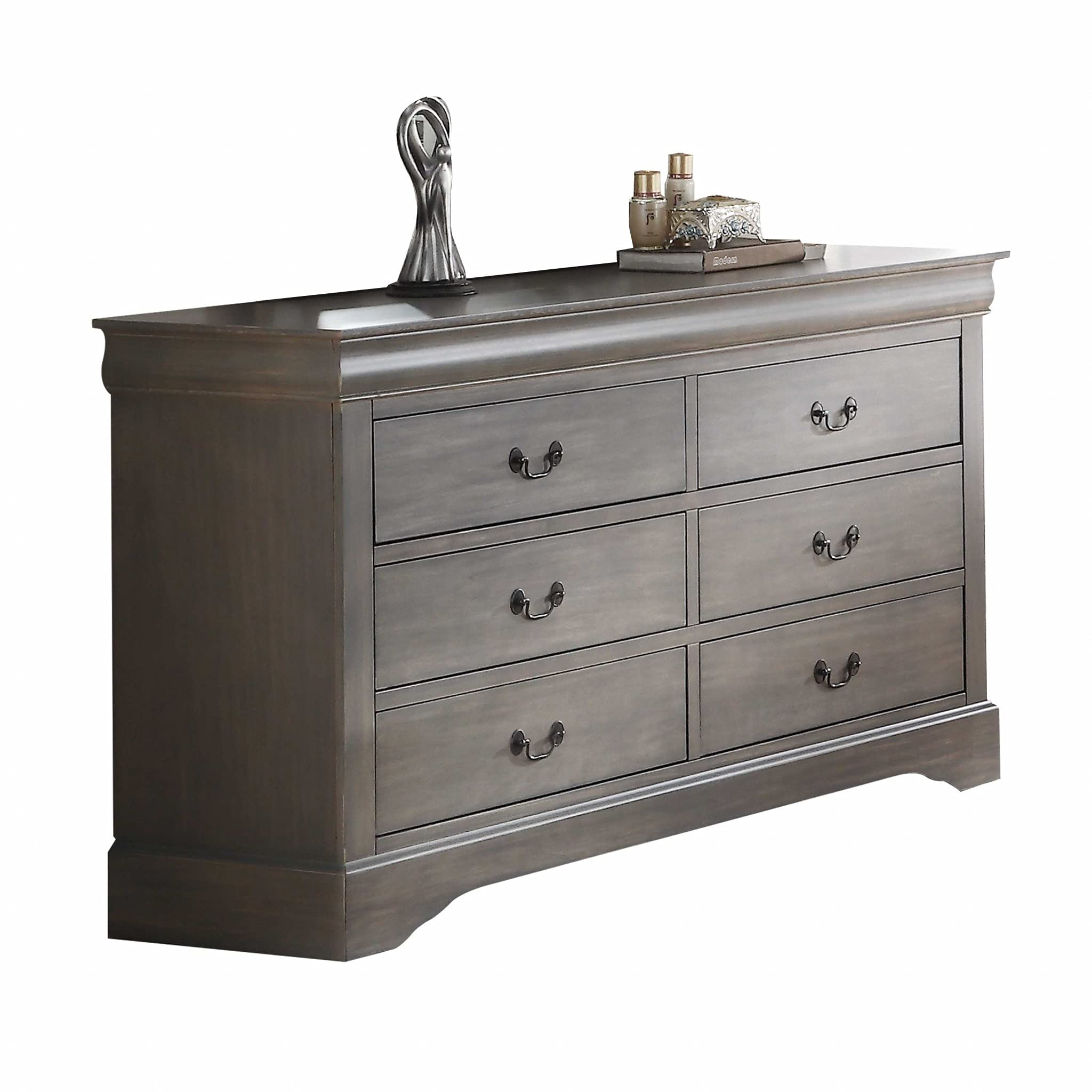 HomeRoots Wood, Veneer (Wood), Composite Wood 34' Antique Gray Wood Finish Dresser with 6 Drawers