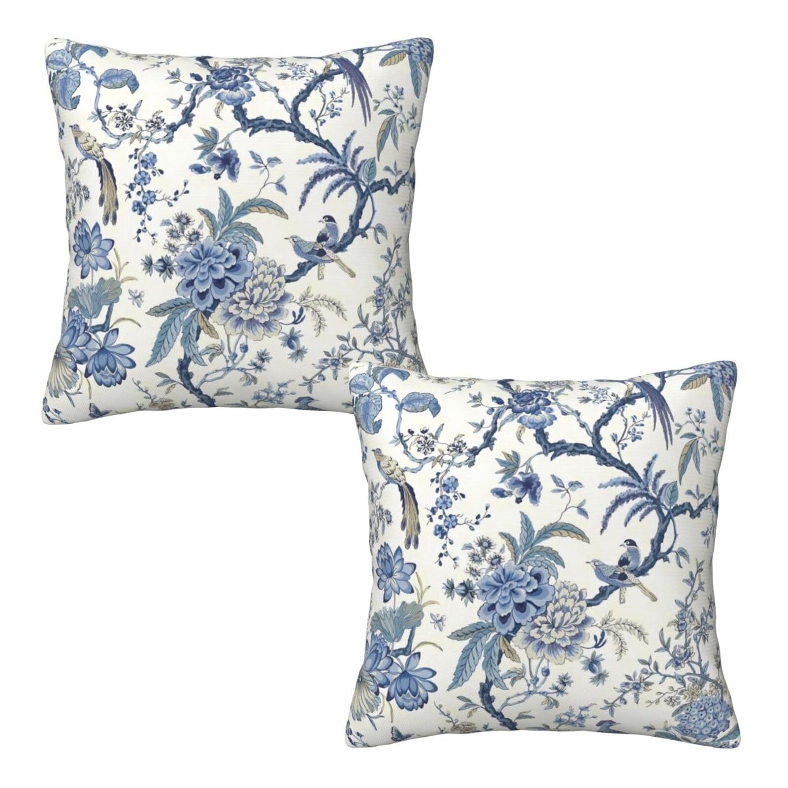 Chinoiserie Blue And White Pillow Covers 18X18 Set Of 2, Bird And Flowers Throw Pillow Covers Outdoor Decorative Pillow Case For